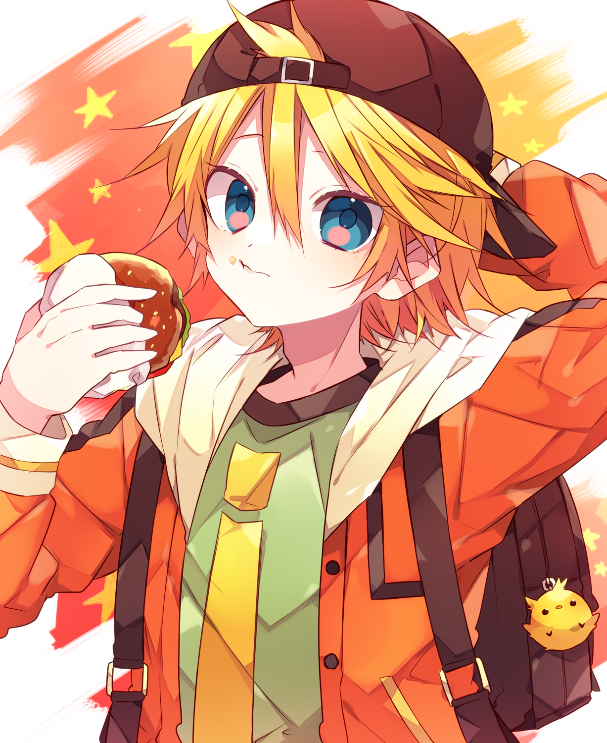 kaho 0102, kagamine len, vocaloid, commentary request, highres, 1boy, alternate costume, backpack, backwards hat, bag, blonde hair, blue eyes, brown hat, burger, charm (object), closed mouth, double-parted bangs, food, green shirt, hair between eyes, hat, holding, holding food, jacket, long sleeves, looking at viewer, male focus, necktie, open clothes, open jacket, orange jacket, shirt, short hair, solo, upper body, yellow necktie