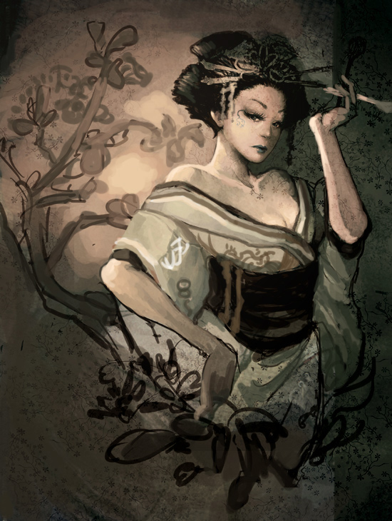 langewong, bare shoulders, breasts, brown theme, cleavage, dark, eyelashes, geisha, hand on own hip, headgear, japanese clothes, jewelry, kimono, lipstick, makeup, obi, off shoulder, oiran, sash, smoking, solo