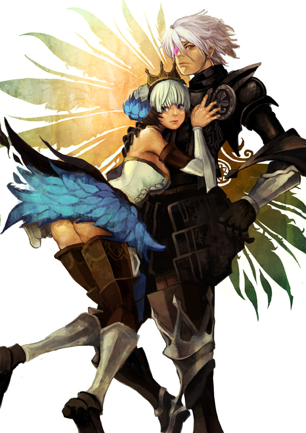 langewong, gwendolyn (odin sphere), oswald, odin sphere, 1boy, 1girl, armor, armored dress, black armor, dress, strapless, strapless dress, white hair