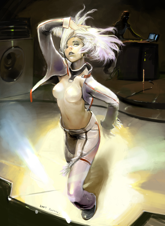 enaxor, 1boy, 1girl, breasts, choker, earrings, jewelry, long hair, looking up, pants, parted lips, speaker, standing, topless female, white hair