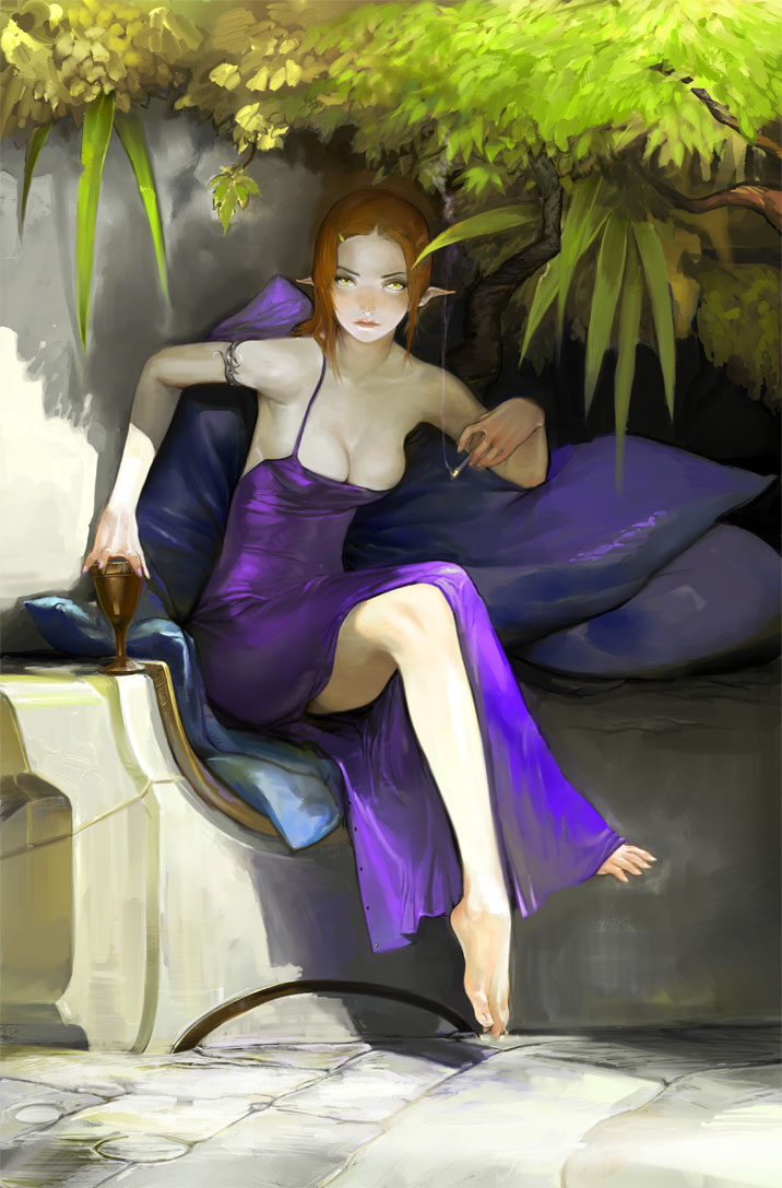 enaxor, md5 mismatch, resolution mismatch, source larger, 1girl, barefoot, breasts, cigarette, cleavage, cup, dress, elf, female focus, legs, no bra, pointy ears, sitting, smoking, solo, yellow eyes