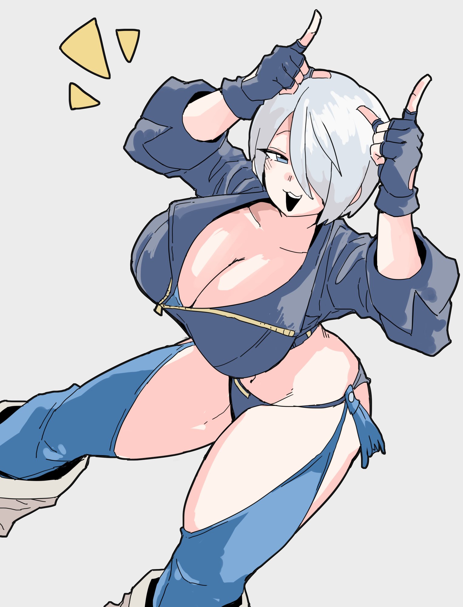 bamman, angel (kof), snk, the king of fighters, the king of fighters 2001, the king of fighters xiv, highres, 1girl, backless pants, blue eyes, boots, bra, breasts, chaps, cleavage, cowboy boots, crop top, cropped jacket, fingerless gloves, gloves, hair over one eye, horns pose, index fingers raised, jacket, large breasts, leather, leather jacket, looking at viewer, midriff, navel, panties, pants, short hair, smile, solo, strapless, strapless bra, toned, toned female, underwear, white hair