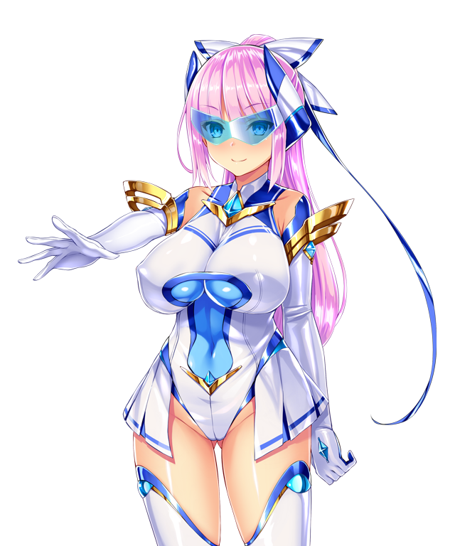 satou kuuki, kisaragi nozomi, shinsou seiki elementia, game cg, large variant set, non-web source, official art, variant set, 1girl, bare shoulders, blue-tinted eyewear, blue eyes, blush, breasts, chest jewel, closed mouth, covered erect nipples, covered navel, cowboy shot, elbow gloves, element venus, gloves, gluteal fold, hair ribbon, headgear, high ponytail, highleg, highleg leotard, impossible clothes, impossible leotard, large breasts, leotard, long hair, looking at viewer, magical girl, outstretched arm, pink hair, ponytail, ribbon, shiny clothes, shiny skin, showgirl skirt, skin tight, skirt, smile, solo, standing, thighhighs, tinted eyewear, transparent background, white gloves, white leotard, white thighhighs