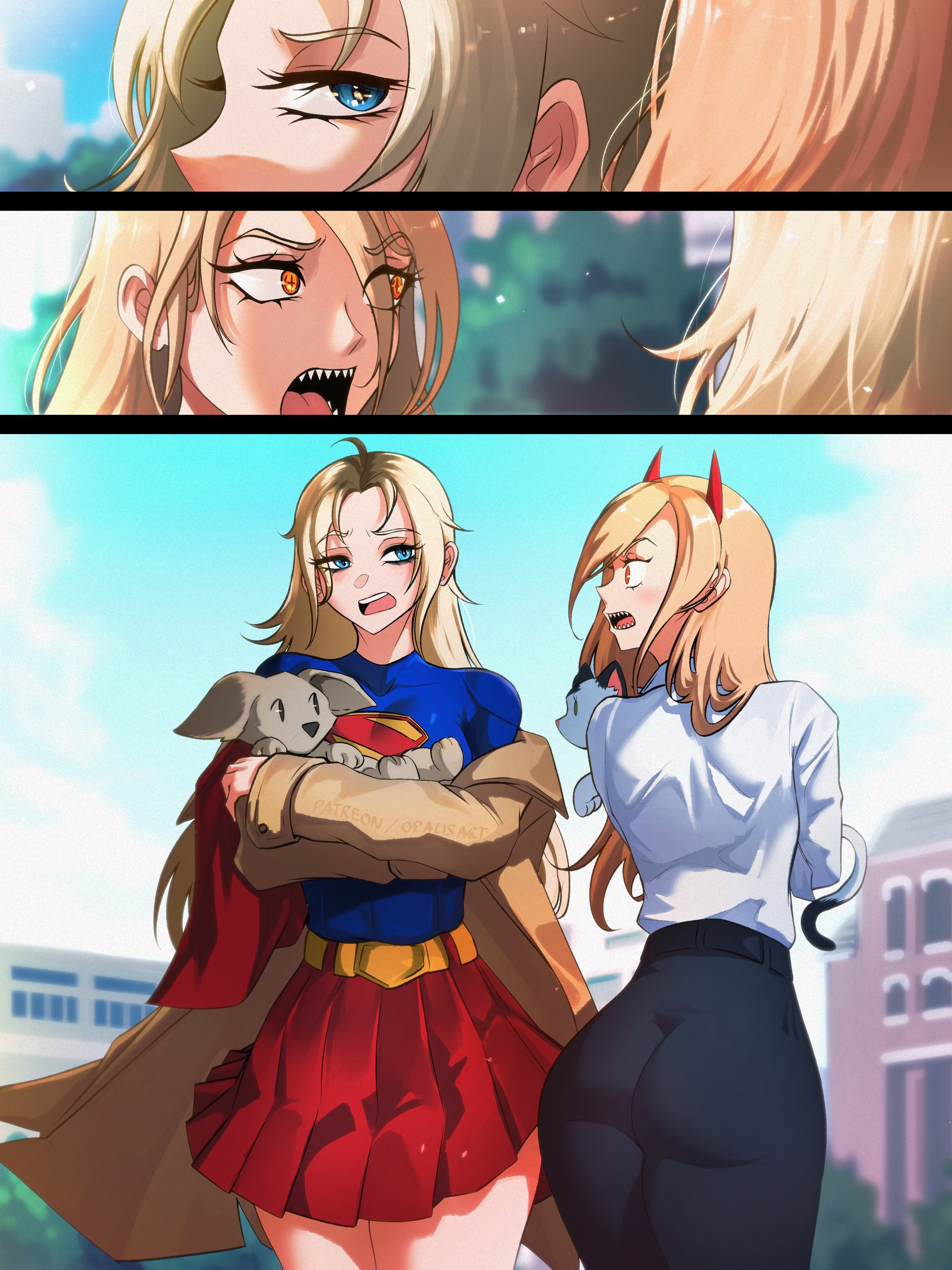 opalis, power (chainsaw man), supergirl, chainsaw man, dc comics, superman (series), highres, 2girls, ass, blonde hair, eye contact, long hair, looking at another, multiple girls, pants, red skirt, shirt, skirt