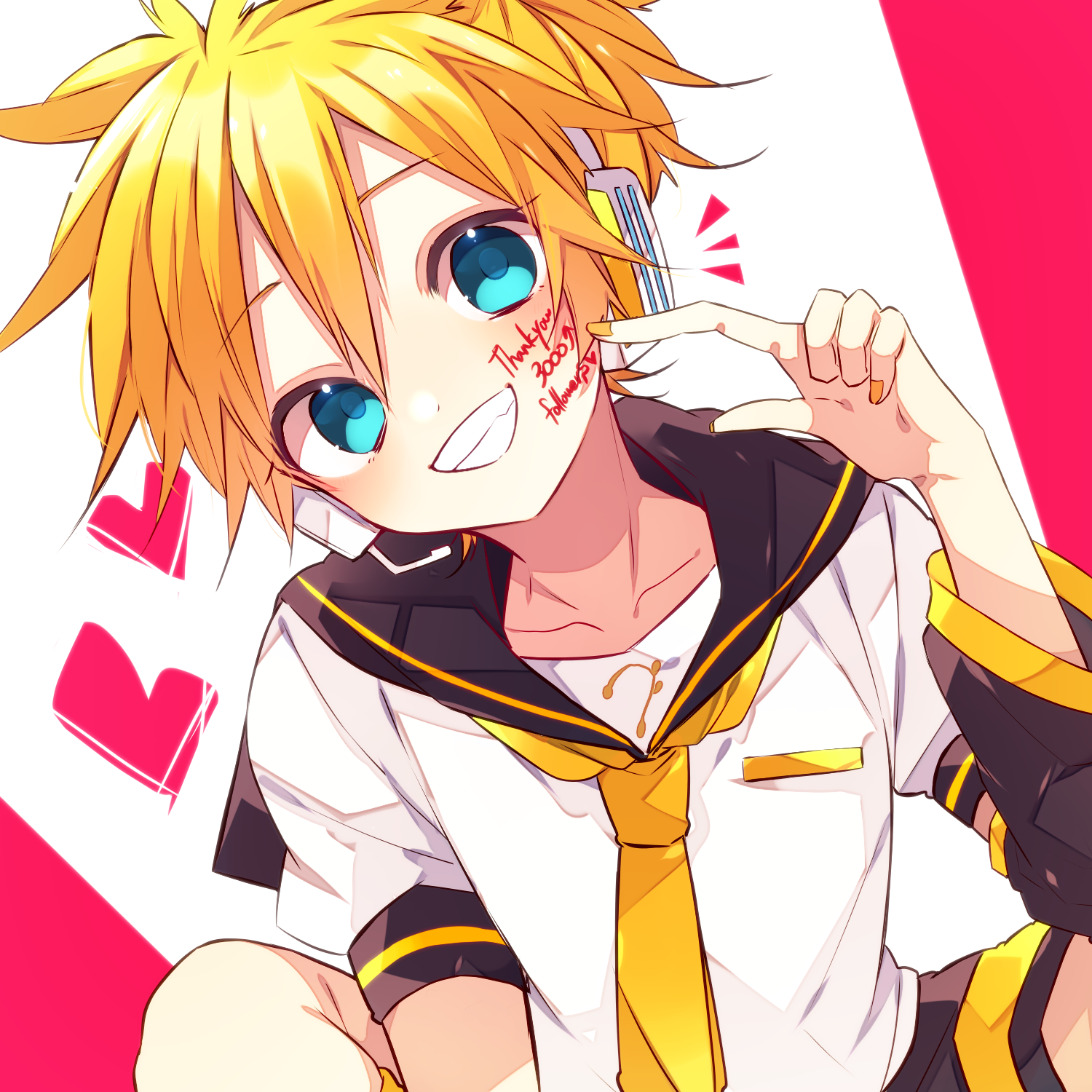 kaho 0102, kagamine len, vocaloid, commentary request, highres, 1boy, arm warmers, bass clef, black sailor collar, black shorts, blonde hair, blue eyes, double-parted bangs, grin, hair between eyes, hand up, headset, heart, looking at viewer, male focus, milestone celebration, nail polish, necktie, sailor collar, shirt, short hair, short sleeves, shorts, smile, solo, upper body, white shirt, yellow nails, yellow necktie