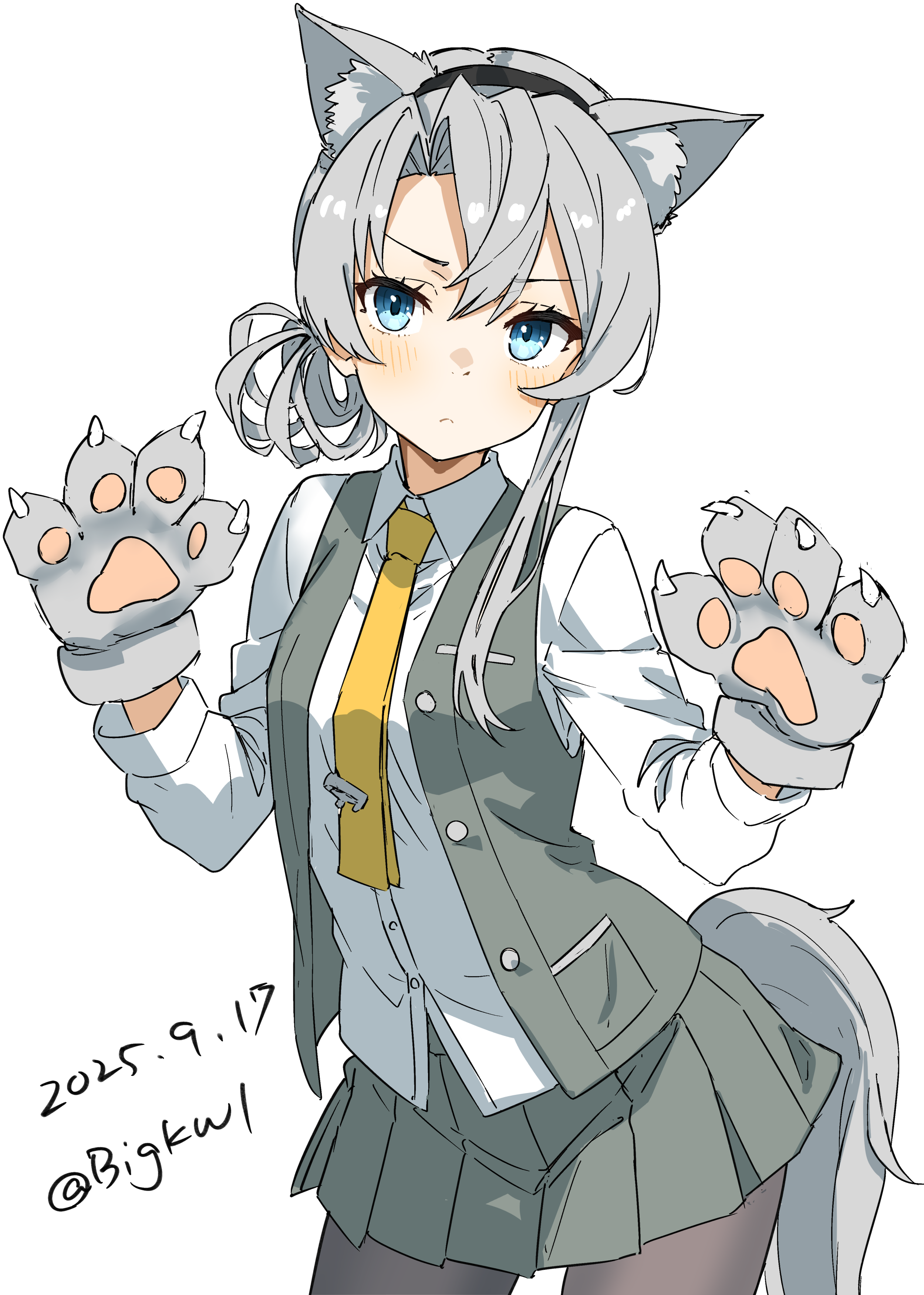 bigkwl, nowaki (halloween) (kancolle), nowaki (kancolle), kantai collection, absurdres, highres, 1girl, adapted costume, alternate sleeve length, animal ears, animal hands, asymmetrical hair, black pantyhose, collared shirt, dated, dress shirt, flipped hair, gloves, grey eyes, grey hair, grey skirt, grey vest, halloween costume, long sleeves, necktie, one-hour drawing challenge, pantyhose, paw gloves, pleated skirt, shirt, simple background, skirt, solo, swept bangs, tail, twitter username, vest, white background, white shirt, wolf ears, wolf paws, wolf tail, yellow necktie