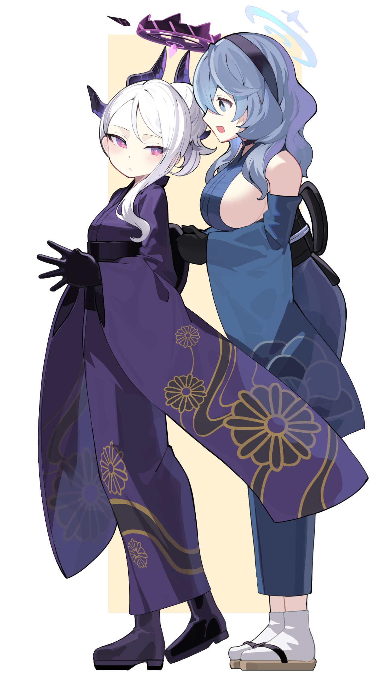 falken (yutozin), ako (blue archive), hina (blue archive), blue archive, highres, 2girls, black halo, blue eyes, blue hair, blue halo, breasts, demon girl, demon horns, full body, geta, halo, horns, japanese clothes, kimono, long hair, multiple girls, sideboob, small breasts, standing, white hair