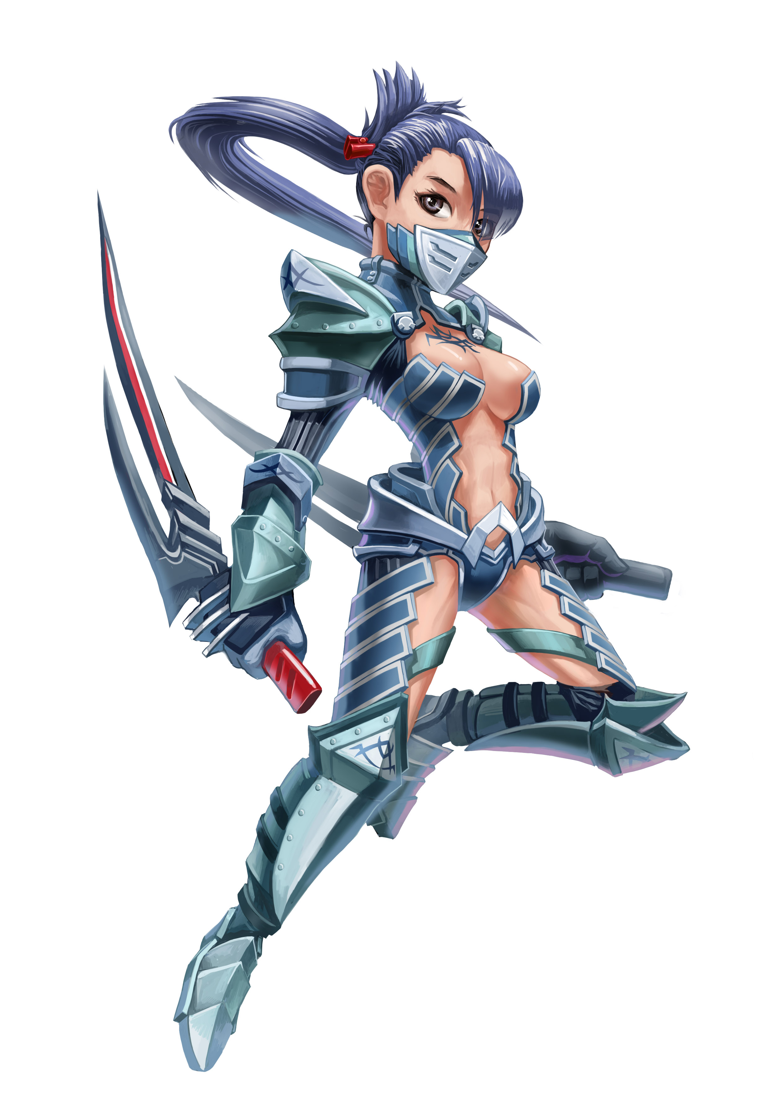 flyff, absurdres, highres, armor, blue hair, boots, breasts, brown eyes, cleavage, covered mouth, gloves, mask, mouth mask, ponytail, solo, sword, tattoo, weapon