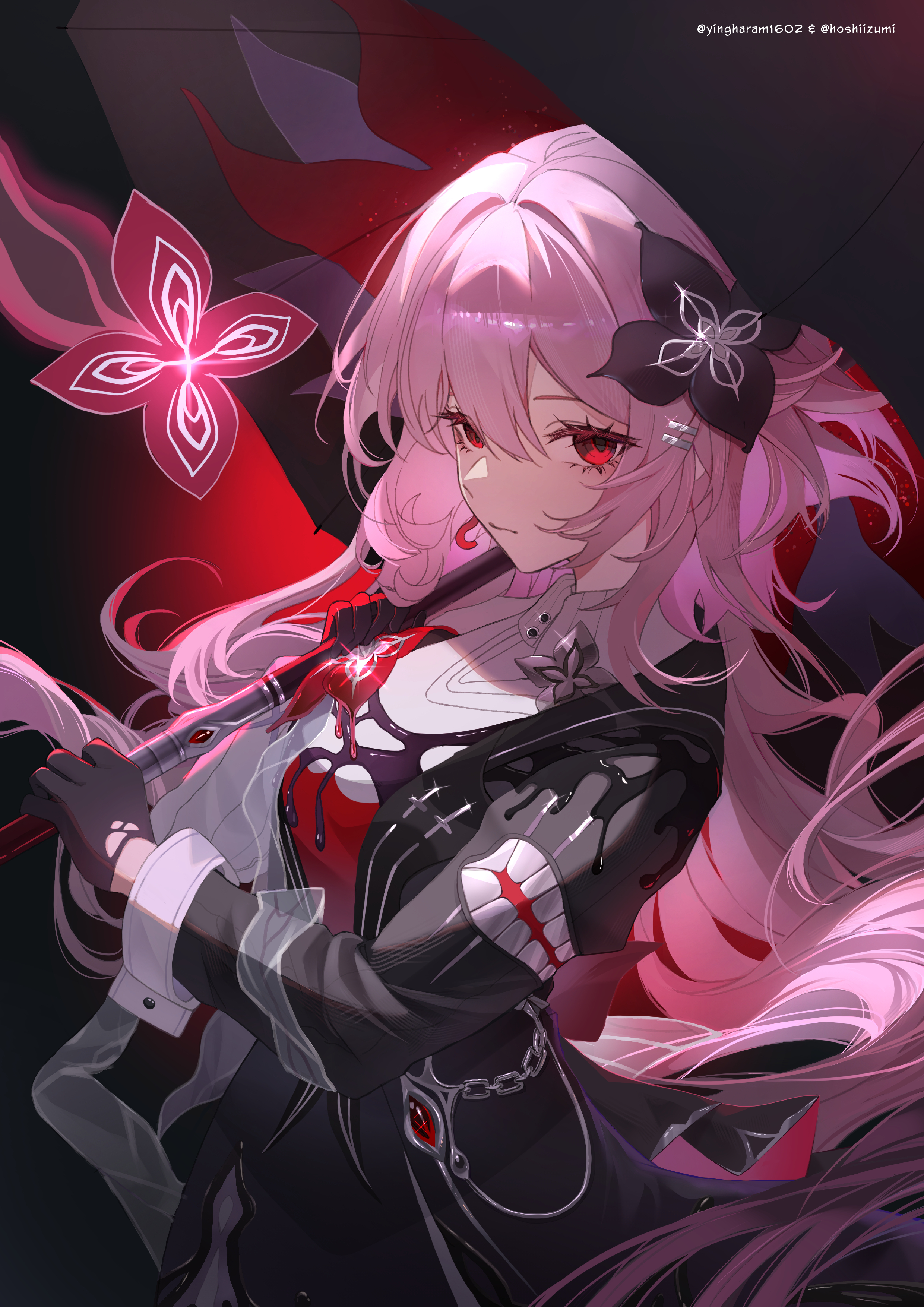ying haram, evernight (honkai: star rail), march 7th (honkai: star rail), honkai: star rail, honkai (series), absurdres, highres, 1girl, black background, black dress, black gloves, black umbrella, breasts, dress, flower, gloves, hair flower, hair ornament, holding, holding umbrella, long hair, looking at viewer, medium breasts, pink hair, red eyes, shirt, solo, umbrella, umbrella over shoulder, white shirt