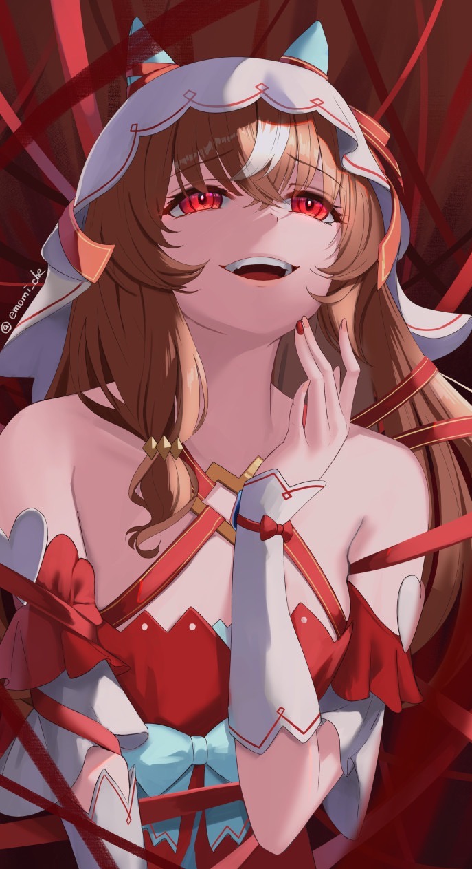 takmi, still in love (umamusume), umamusume, highres, 1girl, animal ears, bare shoulders, breasts, brown hair, crossed bangs, dress, ear covers, from below, hair between eyes, horse ears, horse girl, long hair, open mouth, red dress, red eyes, small breasts, smile, solo, teeth, upper teeth only, veil, white streaks, white veil, wrist wrap