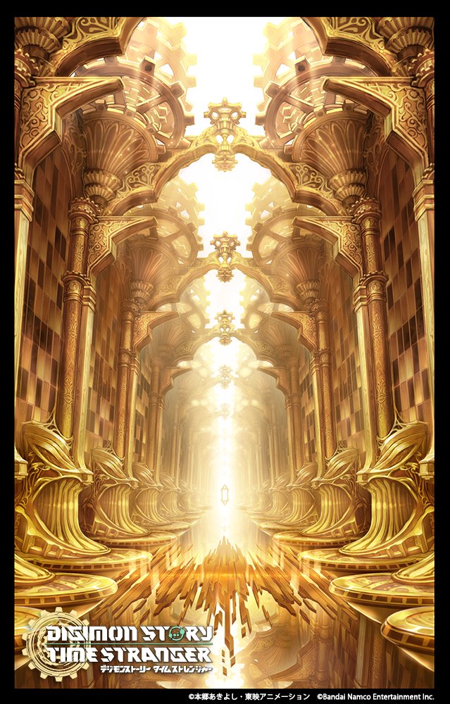 digimon, digimon story: time stranger, commentary request, official art, black border, border, copyright name, glowing, indoors, light rays, pillar
