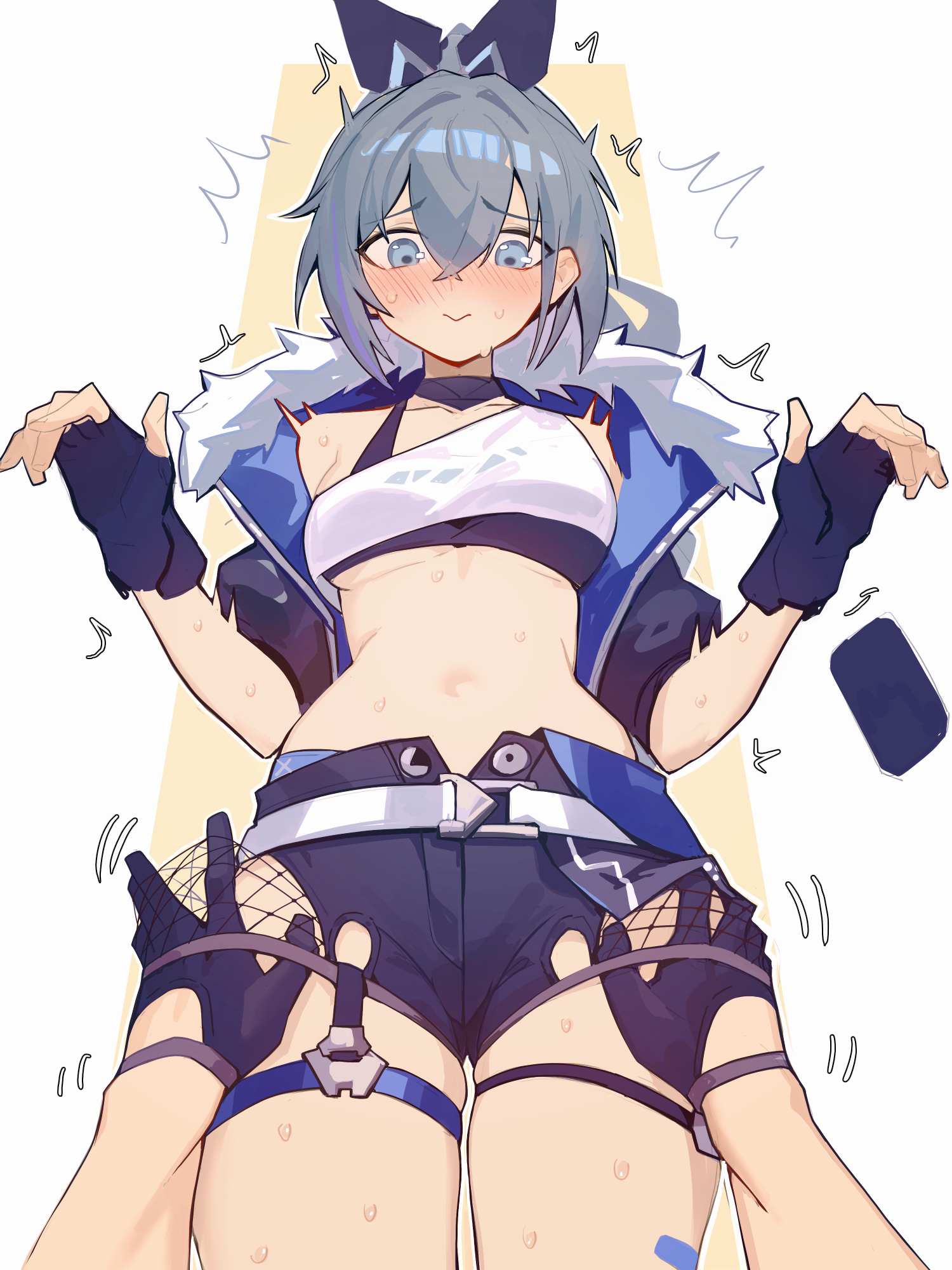 distr, silver wolf (honkai: star rail), honkai: star rail, honkai (series), highres, 1girl, 1other, :>, belt, black gloves, black shorts, blush, breasts, drill hair, drill ponytail, fingerless gloves, fishnet shorts, fur-trimmed jacket, fur trim, gloves, grey eyes, grey hair, jacket, medium breasts, midriff, navel, open fly, shirt, short shorts, shorts, single-shoulder shirt, single drill, solo focus, stomach, sweat, sweatdrop, twitching, white belt
