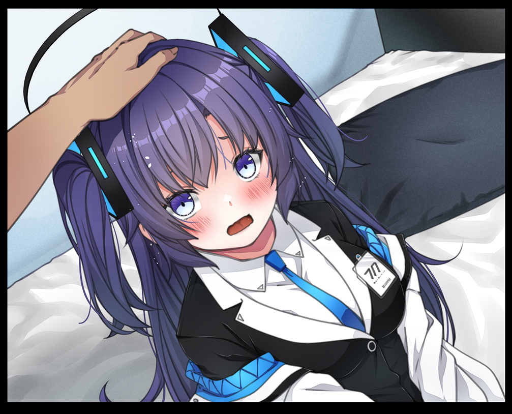 kouji (campus life), yuuka (blue archive), blue archive, 1boy, 1girl, black halo, blue eyes, blue necktie, blush, breasts, hair ornament, halo, headpat, id card, jacket, jacket partially removed, lanyard, large breasts, long sleeves, looking at viewer, mechanical halo, necktie, open mouth, pov, purple hair, shirt, solo focus, triangle hair ornament, two-sided fabric, two-sided jacket, two side up, white shirt