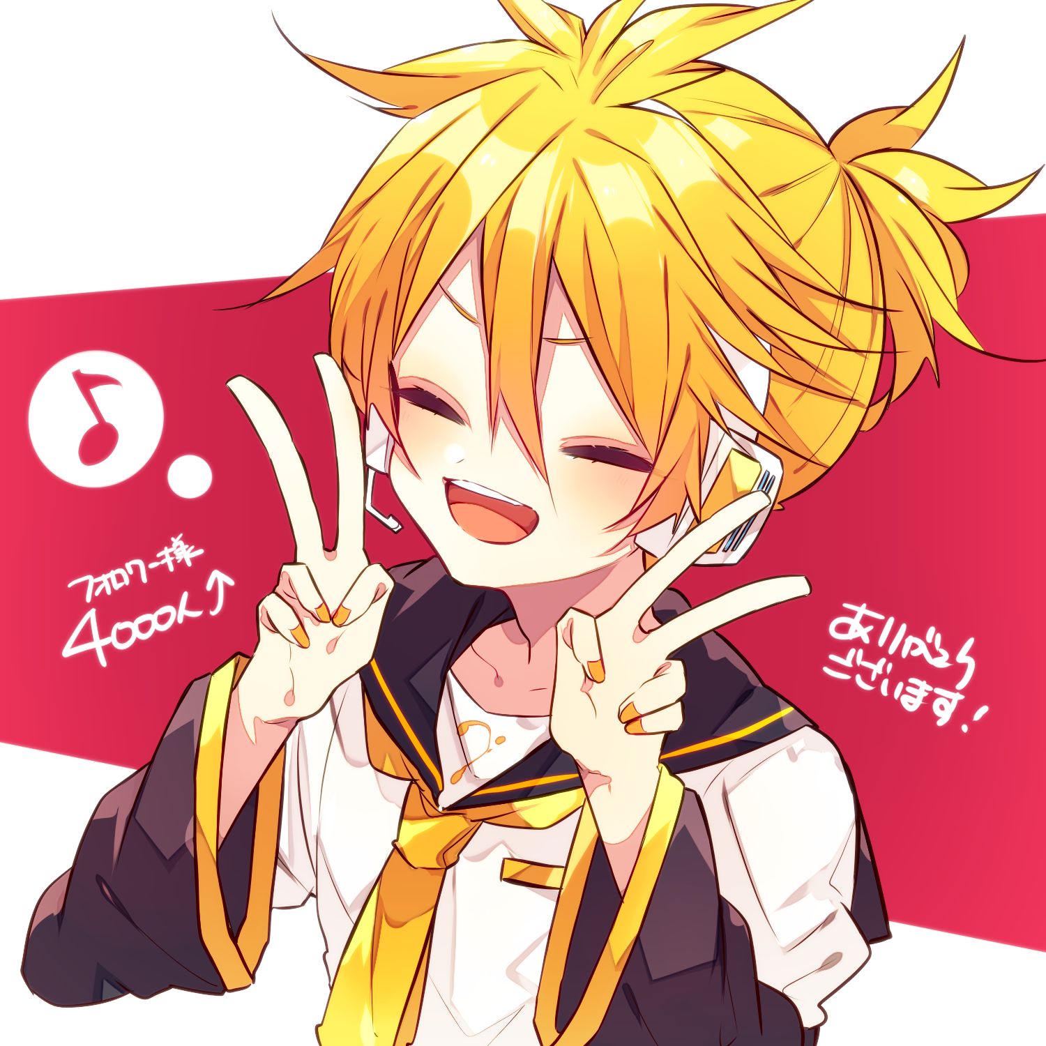 kaho 0102, kagamine len, vocaloid, commentary request, highres, translation request, 1boy, :d, arm warmers, bass clef, black sailor collar, blonde hair, blush, closed eyes, collarbone, double-parted bangs, double v, hair between eyes, hands up, headset, male focus, milestone celebration, musical note, nail polish, necktie, open mouth, red background, sailor collar, shirt, short hair, short sleeves, smile, upper body, v, white shirt, yellow nails, yellow necktie