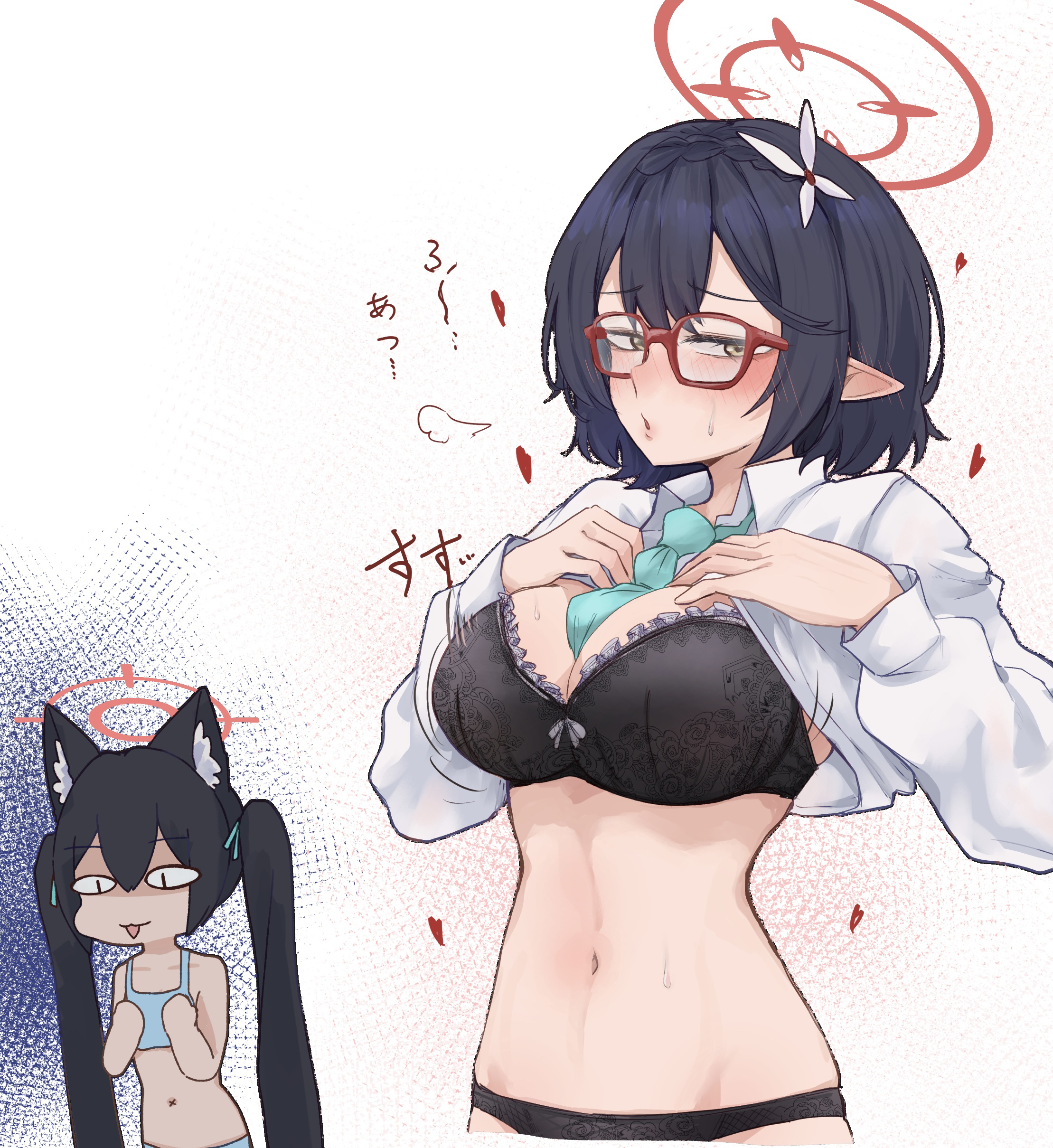 suecovsky, ayane (blue archive), serika (blue archive), blue archive, absurdres, highres, 2girls, animal ear fluff, animal ears, black bra, black hair, black panties, blush, bra, breast envy, breasts, cat ears, clothes lift, extra ears, flat chest, glasses, hair ornament, halo, heart, lace, lace-trimmed bra, lace trim, large breasts, long hair, looking to the side, multiple girls, panties, pink halo, pointy ears, red-framed eyewear, red halo, shirt, shirt lift, tank top, twintails, underwear, white shirt, white tank top
