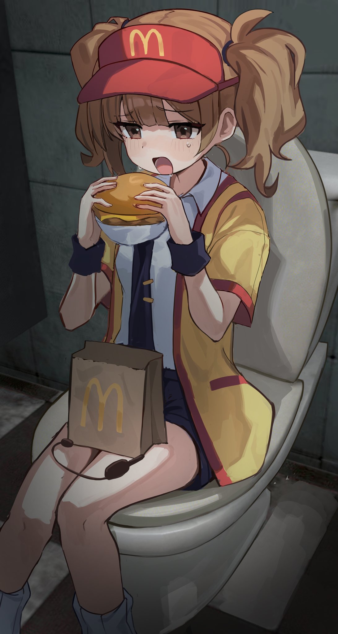 mega suki, imadake dabuchi tabemi, mcdonald's, highres, 1girl, black necktie, black shorts, black wrist cuffs, brown eyes, brown hair, burger, eating, feet out of frame, food, holding, holding burger, holding food, indoors, jacket, necktie, on toilet, open clothes, open jacket, open mouth, public restroom, ribbed socks, shirt, short hair, shorts, sidelocks, sitting, socks, solo, sweat, toilet, twintails, visor cap, white shirt, white socks, wrist cuffs, yellow jacket