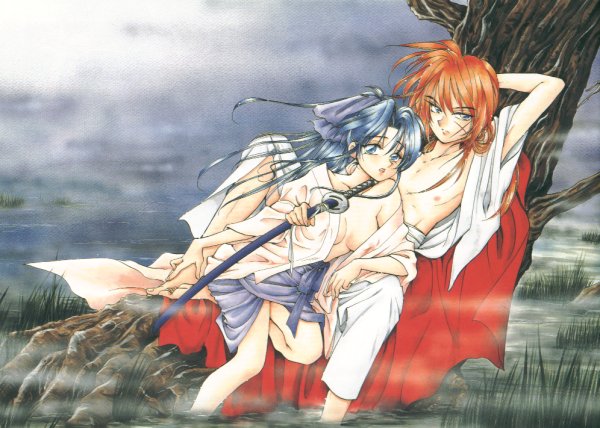 himura kenshin, kamiya kaoru, rurouni kenshin, couple, japanese clothes, katana, kimono, sword, weapon