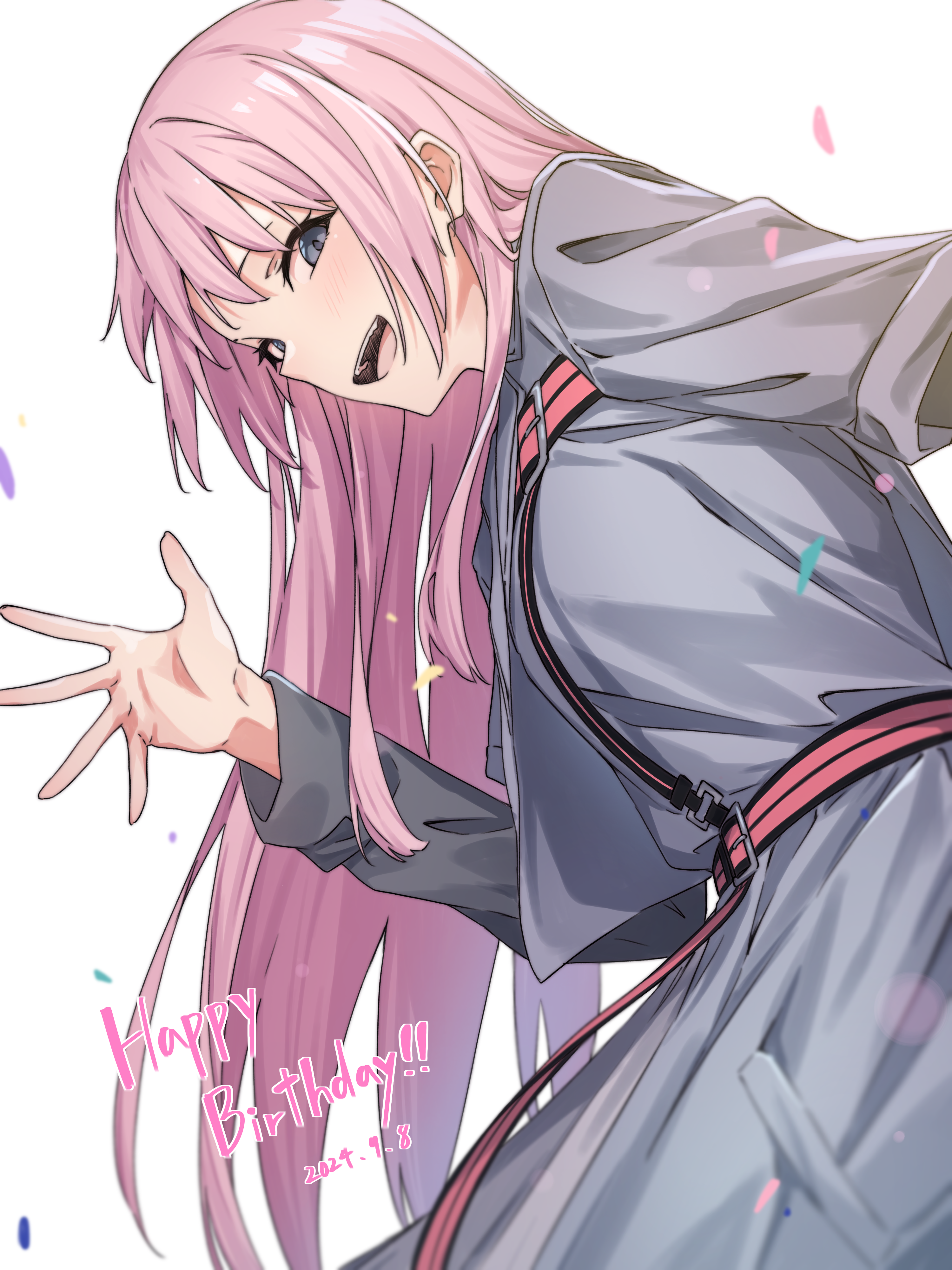 kanade (kanade 3344), chihaya anon, bang dream!, bang dream! it's mygo!!!!!, absurdres, commentary, highres, 1girl, belt, blush, coat, dated, grey coat, grey eyes, grey shirt, hand up, happy birthday, long hair, long sleeves, looking at viewer, mitsuketa keshiki tazusaete, open mouth, pink belt, pink hair, shirt, sidelocks, simple background, solo, teeth, upper teeth only, white background