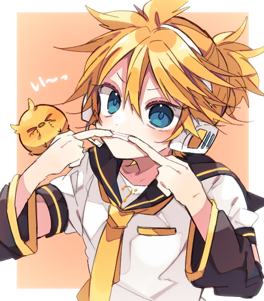 kaho 0102, kagamine len, vocaloid, commentary request, 1boy, arm warmers, bass clef, bird, black sailor collar, blonde hair, blue eyes, border, clenched teeth, double-parted bangs, hair between eyes, headset, looking at viewer, male focus, mouth pull, necktie, orange background, outside border, sailor collar, shirt, short hair, short sleeves, simple background, solo, teeth, upper body, v-shaped eyebrows, white border, white shirt, yellow necktie