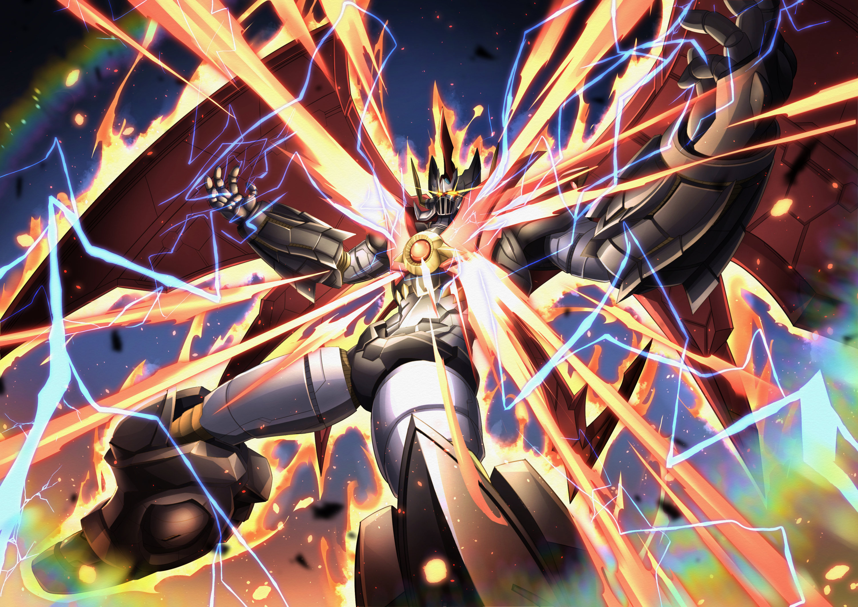 troy (oxaa01ex), mazinkaiser (robot), mazinger (series), mazinkaiser, commentary request, highres, aura, electricity, energy, fire, glowing, glowing eyes, lens flare, mecha, mecha focus, no humans, red wings, robot, science fiction, solo, super robot, wings
