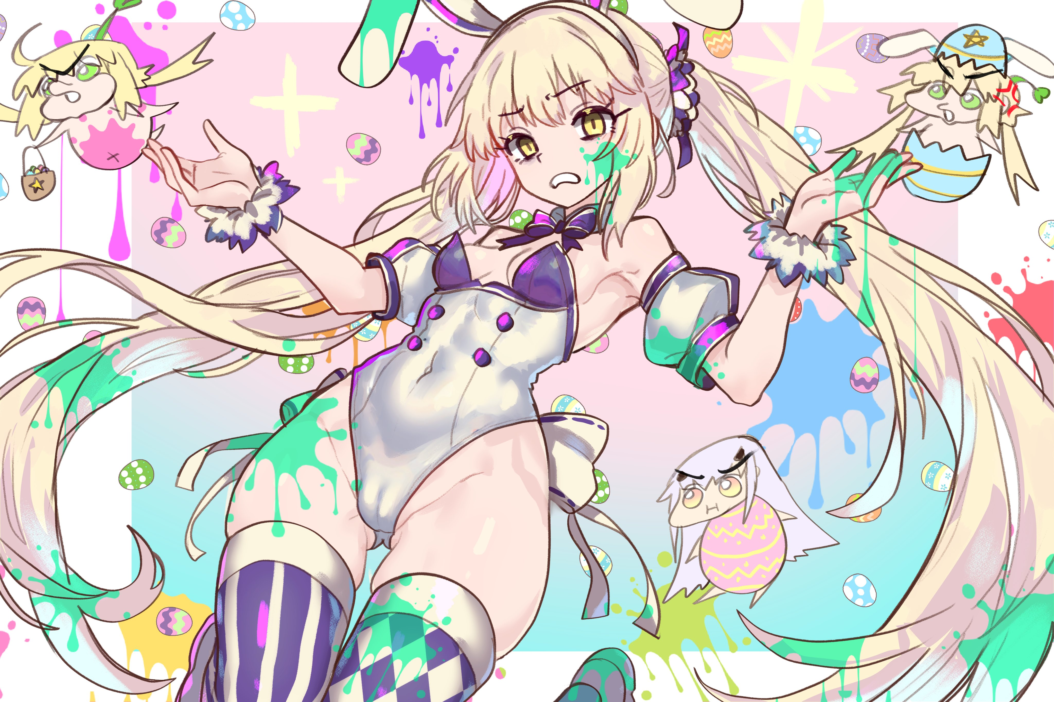 ebora, artoria caster (fate), artoria caster (swimsuit berserker) (second ascension) (fate), artoria pendragon (fate), melusine (fate), fate/grand order, fate (series), absurdres, highres, variant set, 2girls, alter servant, animal ears, argyle clothes, argyle thighhighs, bare shoulders, blonde hair, blush, breasts, chibi, covered navel, easter egg, egg, fake animal ears, hairband, highleg, highleg leotard, leotard, long hair, looking at viewer, multiple girls, open mouth, paint splatter, puffy short sleeves, puffy sleeves, purple thighhighs, rabbit ears, short sleeves, small breasts, solo focus, striped clothes, striped thighhighs, thighhighs, thighs, twintails, vertical-striped clothes, vertical-striped thighhighs, very long hair, white leotard, yellow eyes