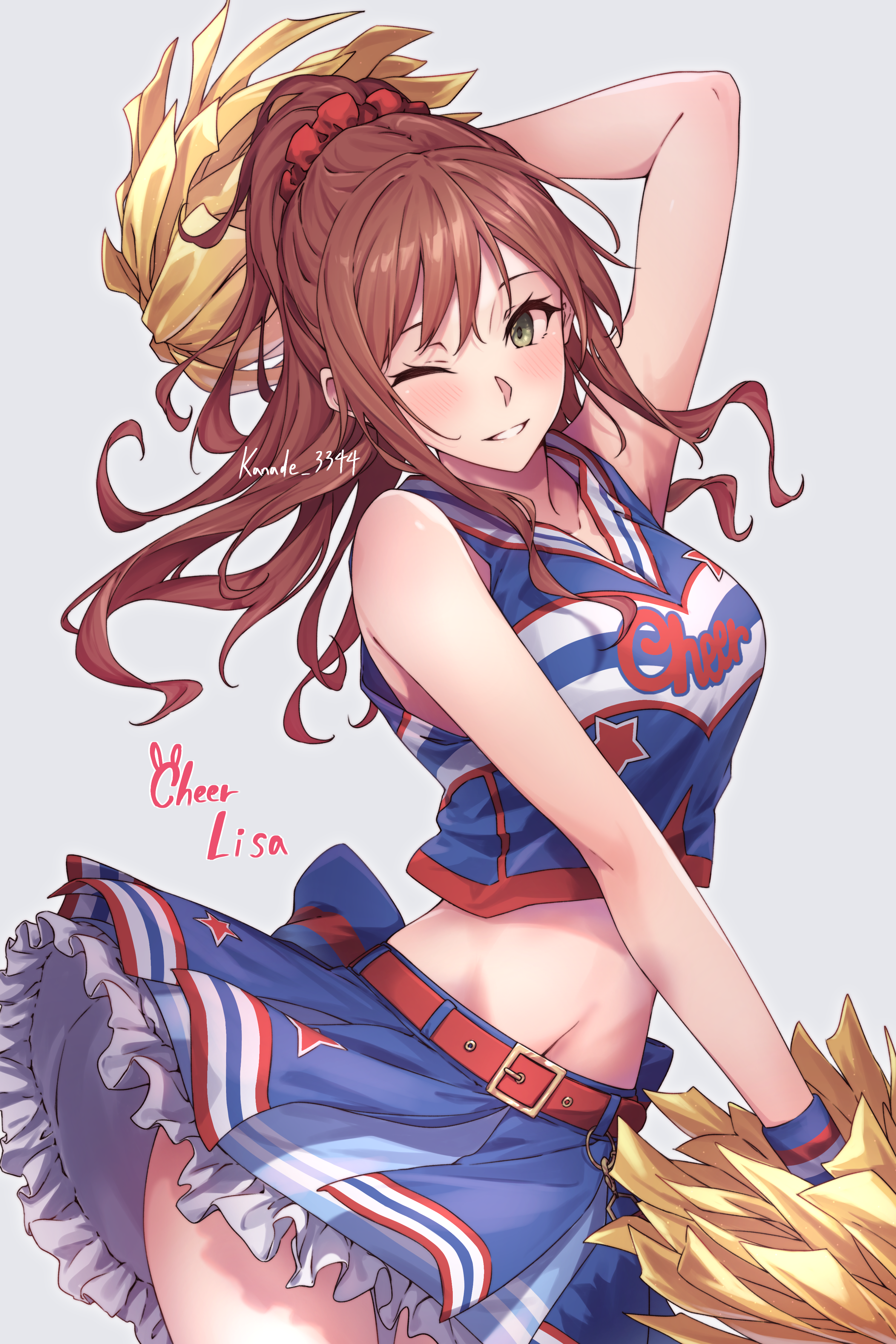 kanade (kanade 3344), imai lisa, bang dream!, absurdres, commentary, highres, 1girl, belt, blue skirt, blush, brown hair, character name, cheerleader, cropped shirt, green eyes, hair ornament, hair scrunchie, half updo, holding, holding pom poms, long hair, looking at viewer, midriff, navel, one eye closed, pom pom (cheerleading), pom poms, red belt, red scrunchie, scrunchie, shirt, sidelocks, simple background, skirt, sleeveless, sleeveless shirt, solo, sweat, upper body, white background