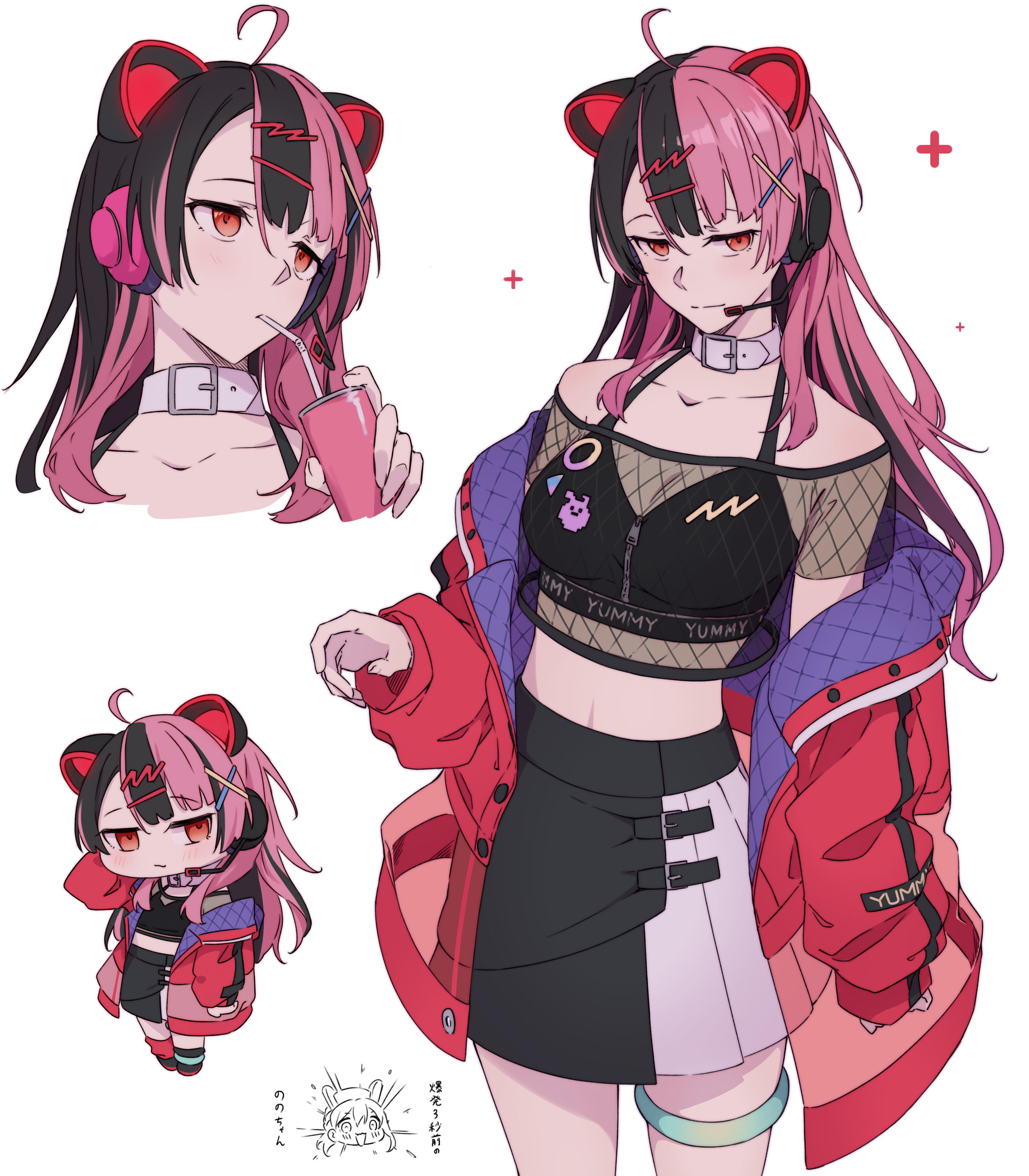 kanade (kanade 3344), miyanaga nonoka, sengoku yuno, bang dream!, bang dream! mugendai mewtype, absurdres, commentary, highres, translation request, 2girls, ahoge, animal ear headphones, animal ears, black hair, black skirt, blush, breasts, cat ear headphones, cat ears, choker, cleavage, closed mouth, fake animal ears, hair ornament, hairclip, headphones, jacket, midriff, multicolored hair, multiple girls, multiple views, open clothes, open jacket, pink hair, red eyes, red jacket, skirt, thigh strap, two-tone hair, virtual youtuber, white choker