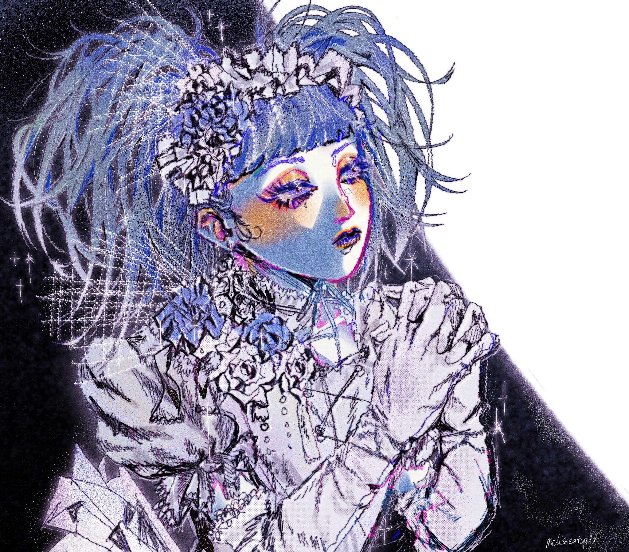 highres, 1boy, artist name, blunt bangs, closed mouth, crossdressing, crossdressing (mtf), dress, elbow gloves, expressionless, flower, gloves, hands up, headdress, lipstick, long sleeves, makeup, malice mizer, mana (malice mizer), medium hair, melisaeatspdf, own hands clasped, own hands together, puffy short sleeves, puffy sleeves, purple eyes, purple flower, purple hair, purple lips, purple rose, rose, short sleeves, signature, solo, twintails, white dress, white flower, white gloves, white rose