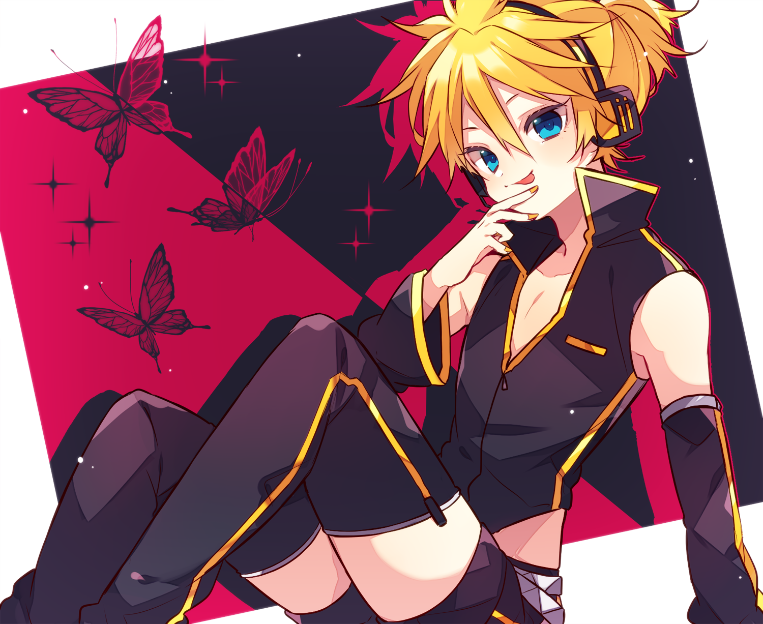 kaho 0102, kagamine len, kagamine len (punkish), project diva (series), vocaloid, commentary request, highres, 1boy, :p, black background, black boots, black shirt, black shorts, black sleeves, blonde hair, blue eyes, boots, bug, butterfly, closed mouth, detached sleeves, double-parted bangs, feet out of frame, hair between eyes, headset, insect, long sleeves, looking at viewer, male focus, nail polish, red background, shirt, short hair, shorts, sitting, sleeveless, sleeveless shirt, smile, solo, sparkle, thigh boots, tongue, tongue out, two-tone background, yellow nails
