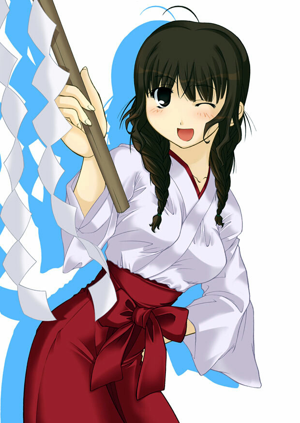 black eyes, black hair, japanese clothes, miko, twintails, wink