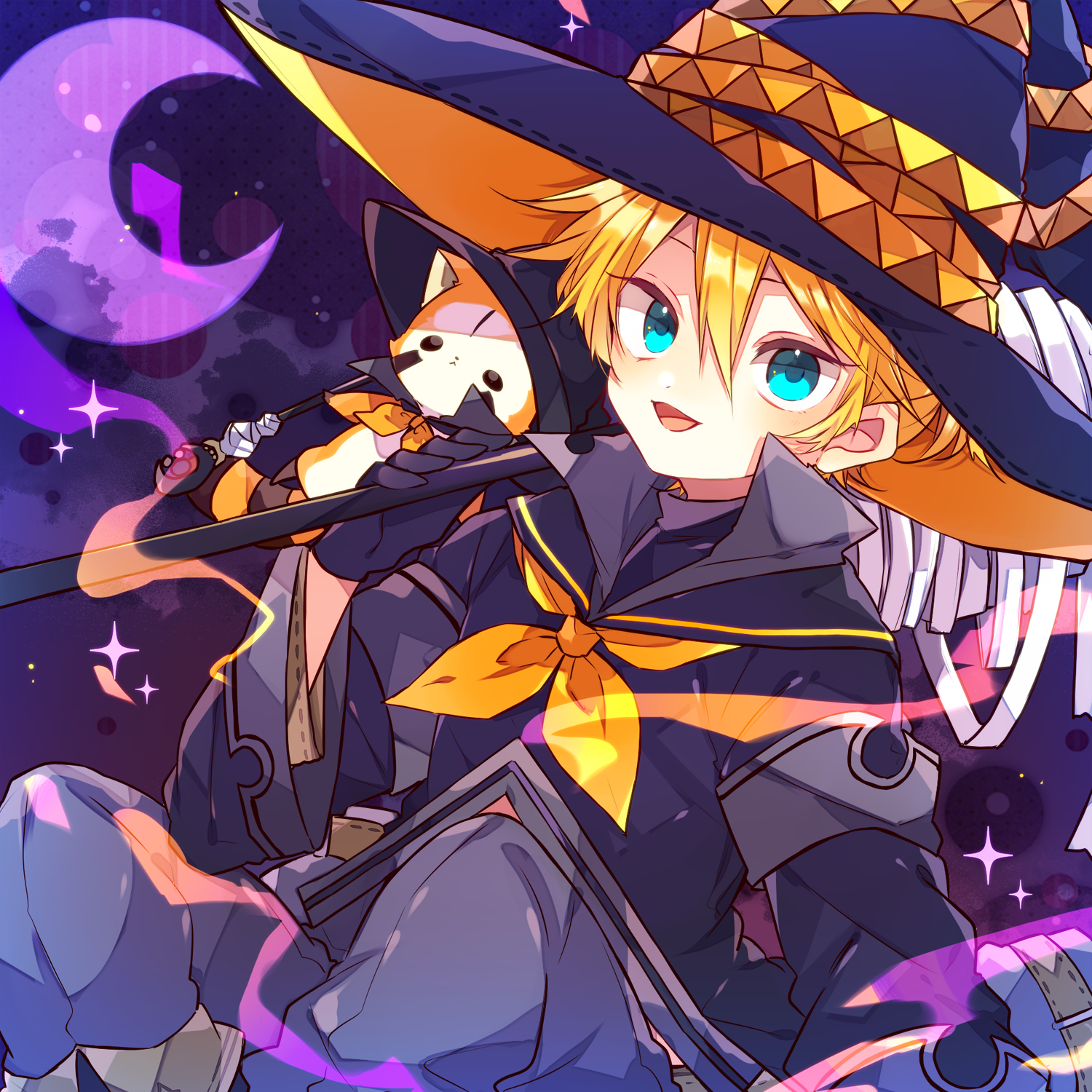 kaho 0102, kagamine len, vocaloid, commentary request, highres, 1boy, :d, black shirt, blonde hair, blue eyes, crescent moon, double-parted bangs, feet out of frame, grey pants, hair between eyes, hat, hat ribbon, long sleeves, looking at viewer, male focus, moon, neckerchief, open mouth, orange ribbon, pants, purple hat, ribbon, shirt, short hair, smile, solo, witch hat, yellow neckerchief