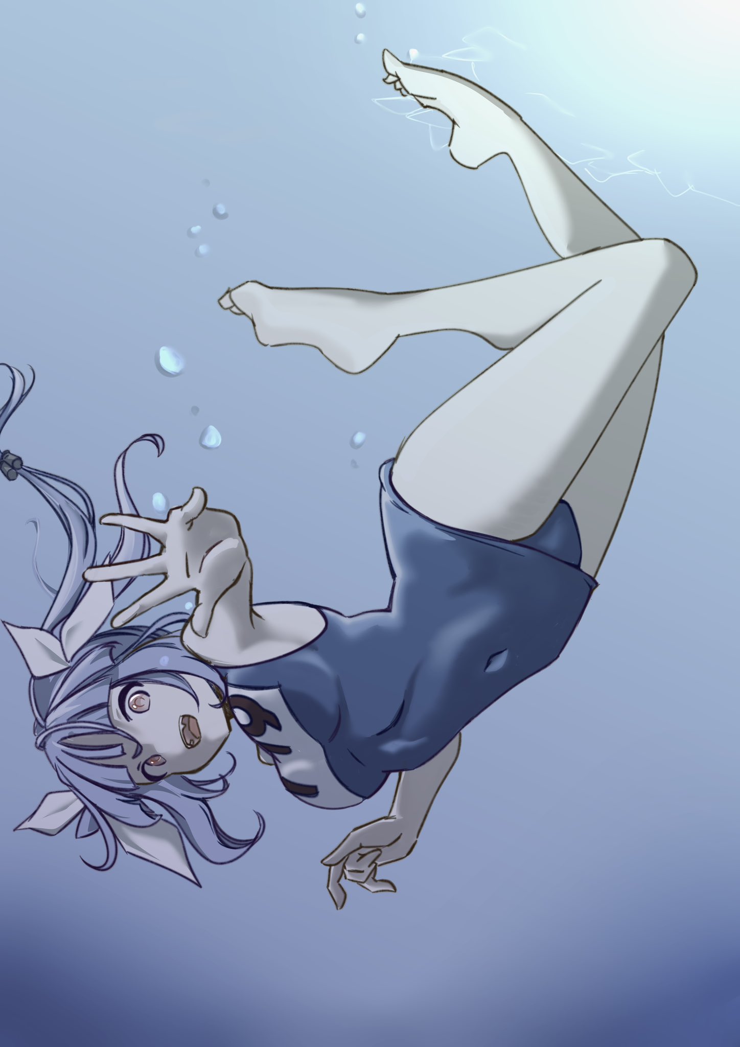 chakoru, i-19 (kancolle), kantai collection, highres, 1girl, barefoot, blue hair, blue one-piece swimsuit, breasts, freediving, full body, hair ribbon, large breasts, long hair, name tag, old school swimsuit, one-piece swimsuit, reaching, reaching towards viewer, red eyes, ribbon, school swimsuit, solo, swimsuit, tri tails, twintails, underwater
