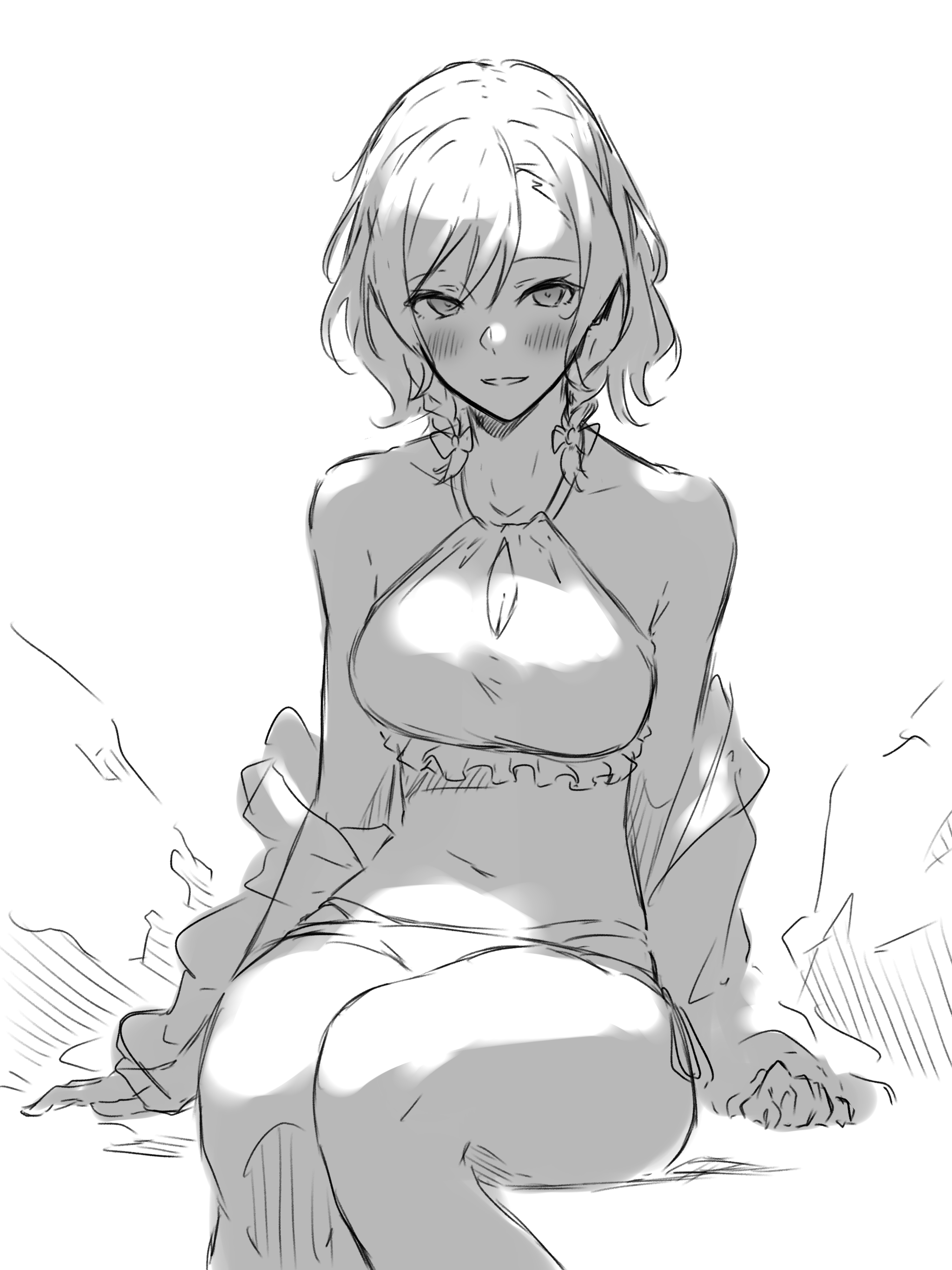 kanade (kanade 3344), hikawa hina, bang dream!, absurdres, commentary, highres, 1girl, bikini, blush, braid, breasts, cleavage, frilled bikini, frills, greyscale, hair between eyes, large breasts, looking at viewer, monochrome, navel, open mouth, side braids, sitting, solo, stomach, swimsuit