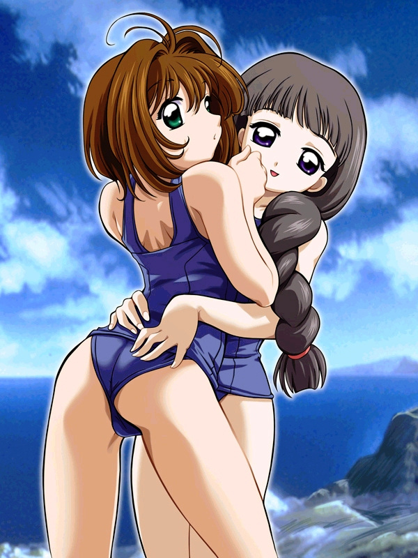 daidouji tomoyo, kinomoto sakura, cardcaptor sakura, tagme, 1990s (style), 2girls, ass, braid, brown hair, multiple girls, ocean, retro artstyle, short hair, sky, swimsuit, yuri