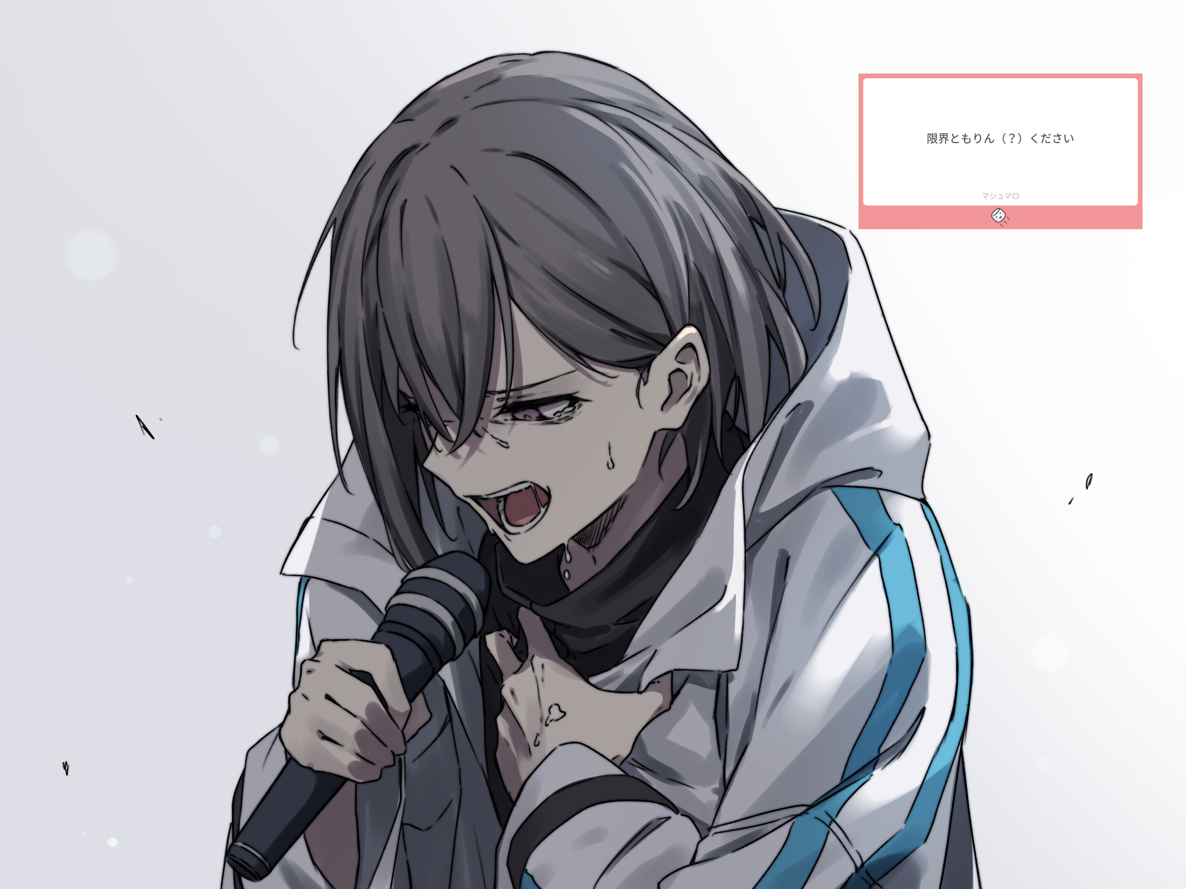 kanade (kanade 3344), takamatsu tomori, bang dream!, bang dream! it's mygo!!!!!, absurdres, commentary, highres, translation request, 1girl, black shirt, clutching chest, crying, crying with eyes open, grey background, grey hair, hair behind ear, hair between eyes, holding, holding microphone, hood, hooded jacket, jacket, long sleeves, marshmallow (site), microphone, music, open clothes, open jacket, open mouth, purple eyes, request inset, shirt, short hair, singing, solo, tears, teeth, upper body, white jacket