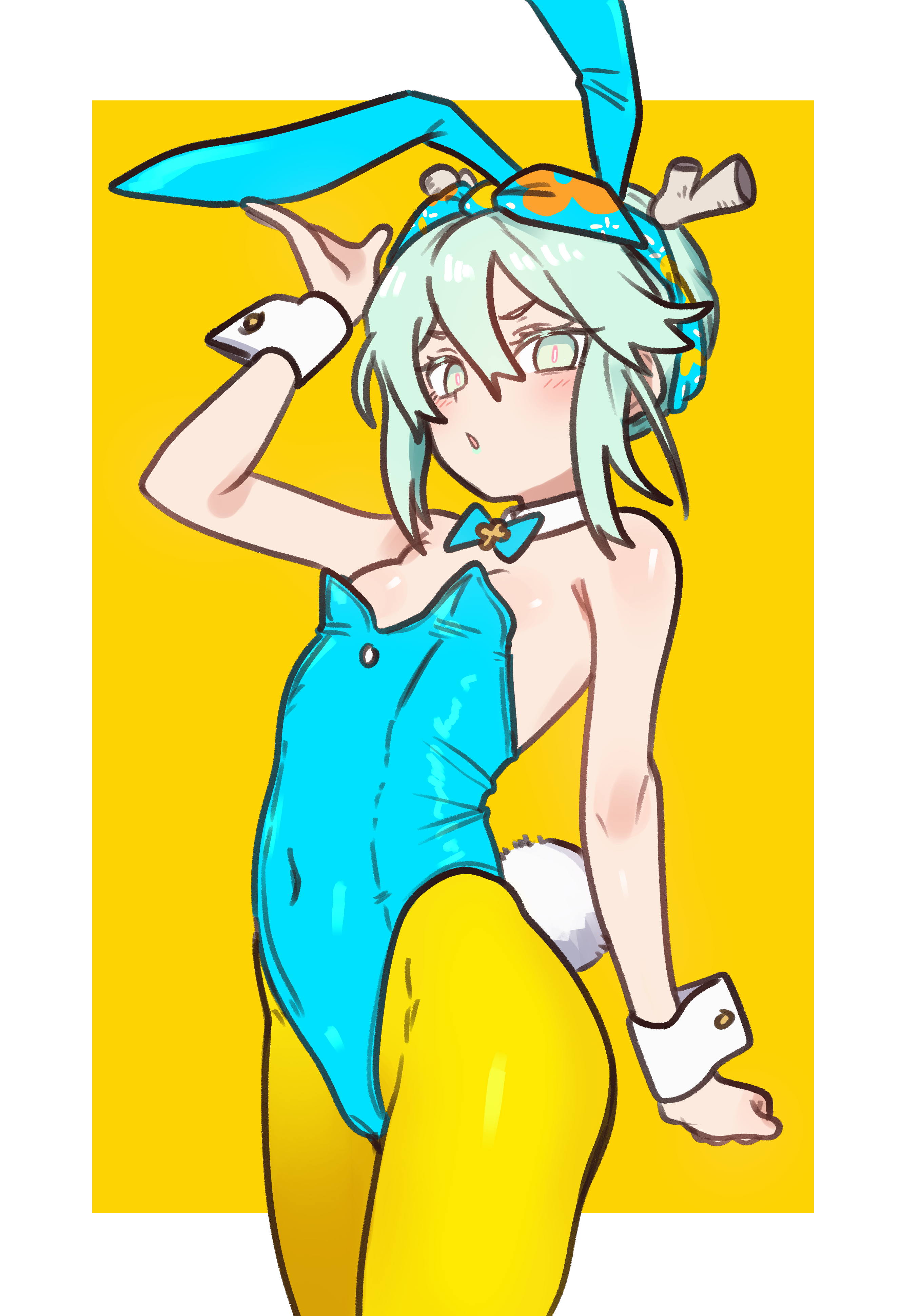 ebora, louhi (fate), louhi (first ascension) (fate), fate/grand order, fate (series), absurdres, highres, 1girl, alternate costume, animal ears, bare shoulders, blue leotard, blue ribbon, blush, breasts, fake animal ears, fake tail, green eyes, green hair, hair between eyes, hair ribbon, highleg, highleg leotard, horns, leotard, looking at viewer, pantyhose, rabbit ears, rabbit tail, ribbon, short hair, sidelocks, small breasts, solo, tail, thighs, yellow pantyhose