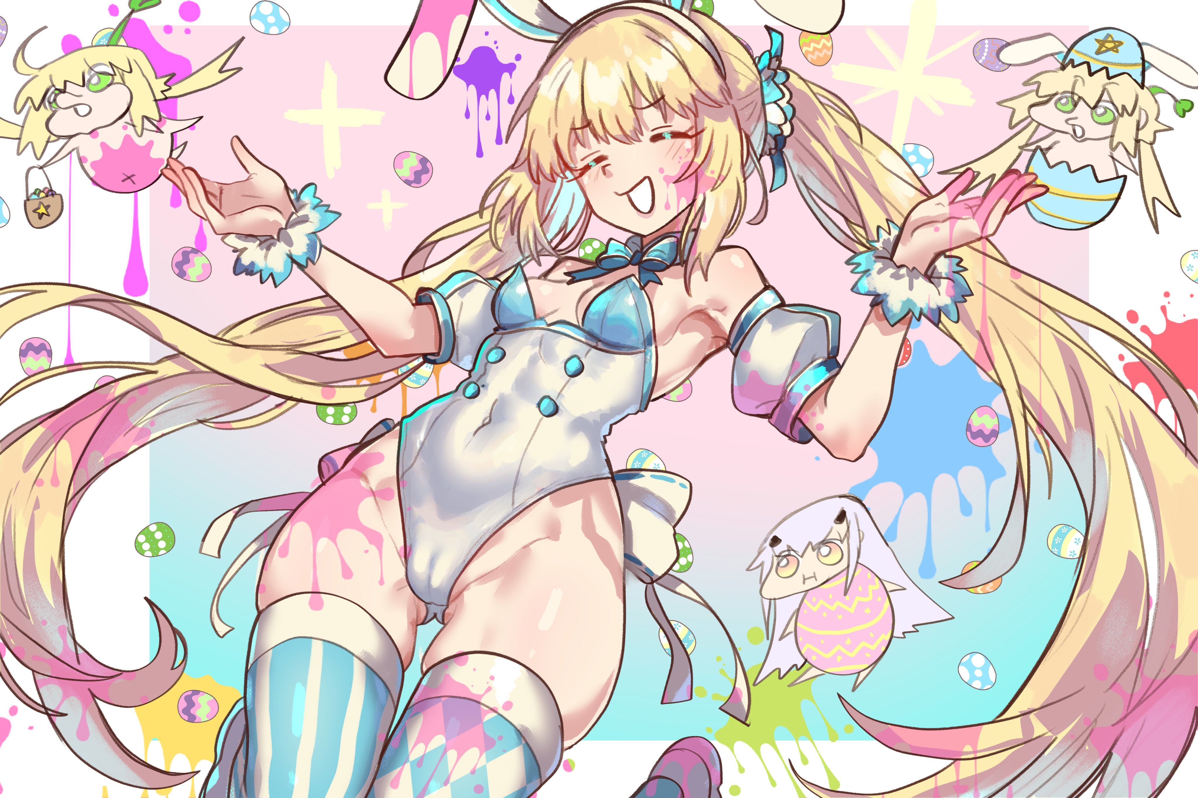 ebora, artoria caster (fate), artoria caster (swimsuit berserker) (second ascension) (fate), artoria pendragon (fate), melusine (fate), fate/grand order, fate (series), absurdres, highres, 2girls, animal ears, argyle clothes, argyle thighhighs, bare shoulders, blonde hair, blue thighhighs, blush, breasts, chibi, closed eyes, covered navel, easter egg, egg, fake animal ears, hairband, highleg, highleg leotard, leotard, long hair, multiple girls, open mouth, paint splatter, puffy short sleeves, puffy sleeves, rabbit ears, short sleeves, small breasts, smile, solo focus, striped clothes, striped thighhighs, thighhighs, thighs, twintails, vertical-striped clothes, vertical-striped thighhighs, very long hair, white leotard