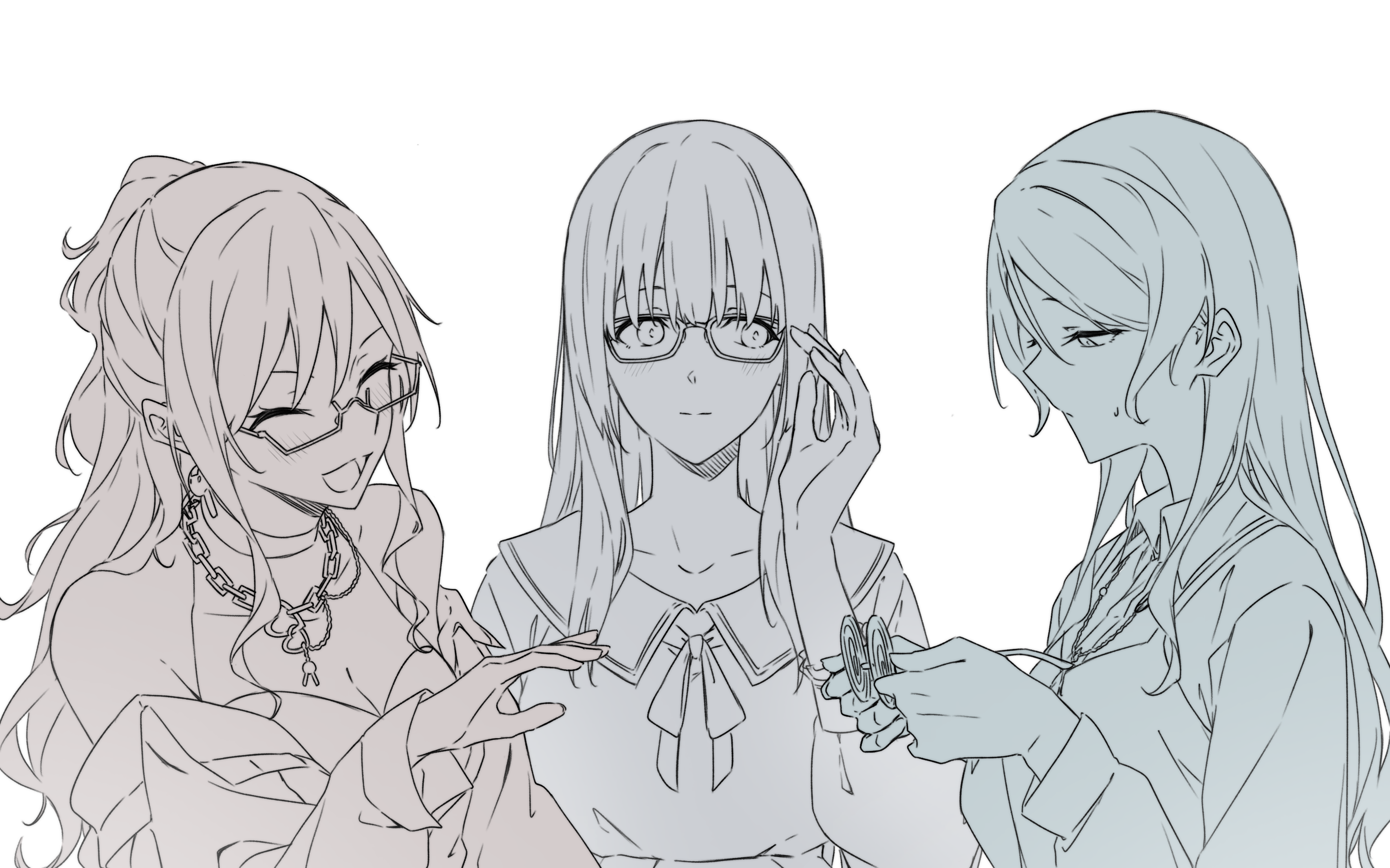 kanade (kanade 3344), hikawa sayo, imai lisa, shirokane rinko, bang dream!, absurdres, commentary, highres, 3girls, blush, chain, chain necklace, closed eyes, coke-bottle glasses, glasses, hair between eyes, half updo, jewelry, long hair, multiple girls, multiple monochrome, neck ribbon, necklace, off shoulder, open mouth, ribbon, semi-rimless eyewear, simple background, sweatdrop, under-rim eyewear, upper body, white background