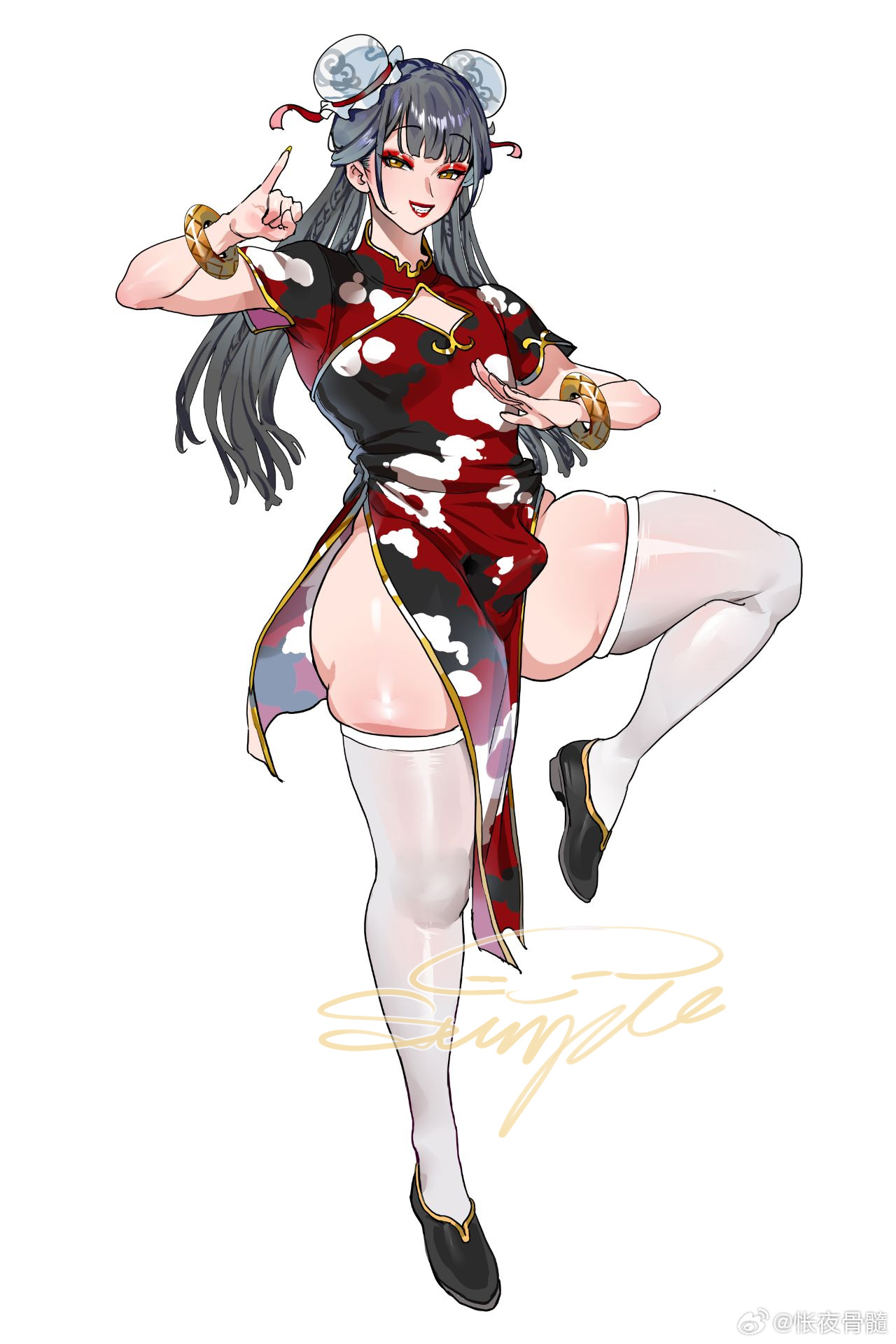 kuook, original, highres, breasts, china dress, chinese clothes, cleavage, double bun, dress, erection, eyeshadow, fighting stance, full body, grey hair, hair bun, half-closed eyes, long hair, looking at viewer, makeup, penis, red eyeshadow, red lips, seductive smile, shiny skin, short sleeves, simple background, smile, solo, standing, standing on one leg, thick thighs, thighhighs, thighs, trap, white thighhighs, wide hips, yellow eyes