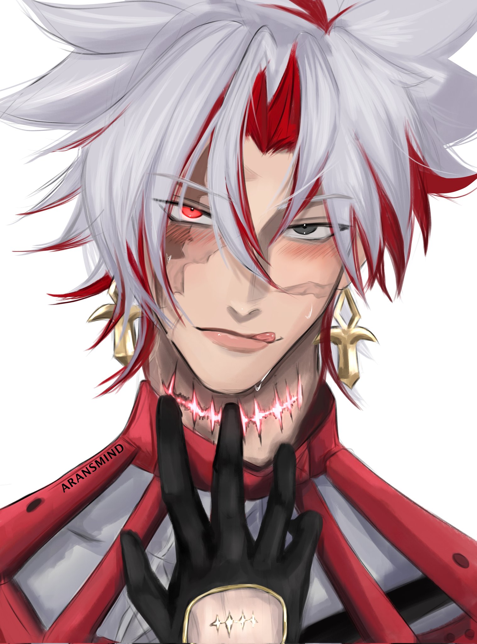 scar (wuthering waves), wuthering waves, highres, ibispaint (medium), 1boy, aransmind, black eyes, black gloves, blush, bodysuit, burn scar, colored inner hair, earrings, facial scar, gloves, gold earrings, half gloves, hand up, heterochromia, jewelry, licking lips, looking at viewer, multicolored hair, parted bangs, portrait, red bodysuit, red eyes, red hair, scar, scar across eye, scar on cheek, scar on face, scar on hand, scar on neck, short hair, simple background, solo, tacet mark (wuthering waves), tongue, tongue out, twitter username, two-tone hair, wet face, white background, white hair