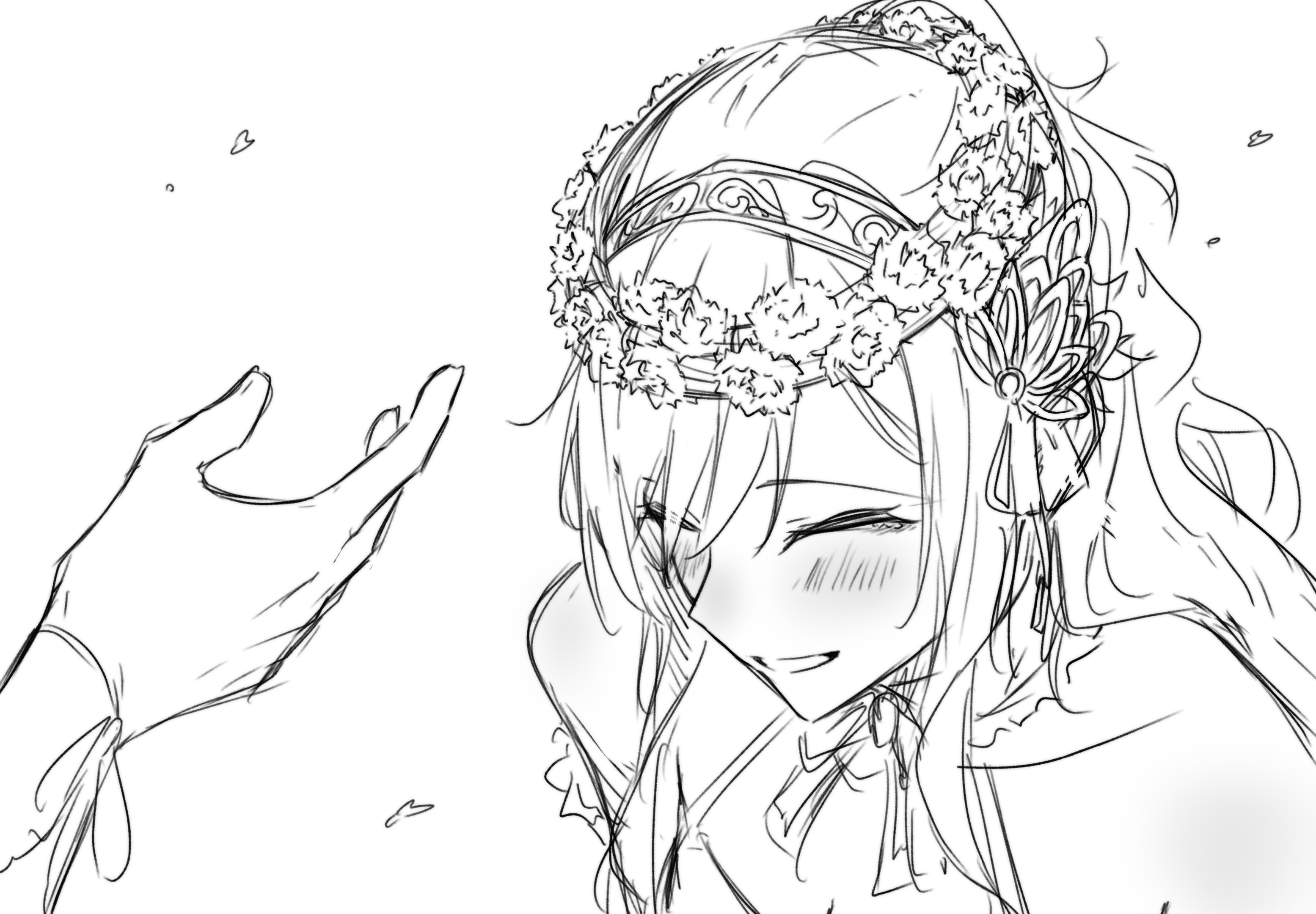 kanade (kanade 3344), imai lisa, minato yukina, bang dream!, commentary, highres, 2girls, blush, closed eyes, falling petals, flower wreath, greyscale, half updo, monochrome, multiple girls, open mouth, petals, simple background, white background