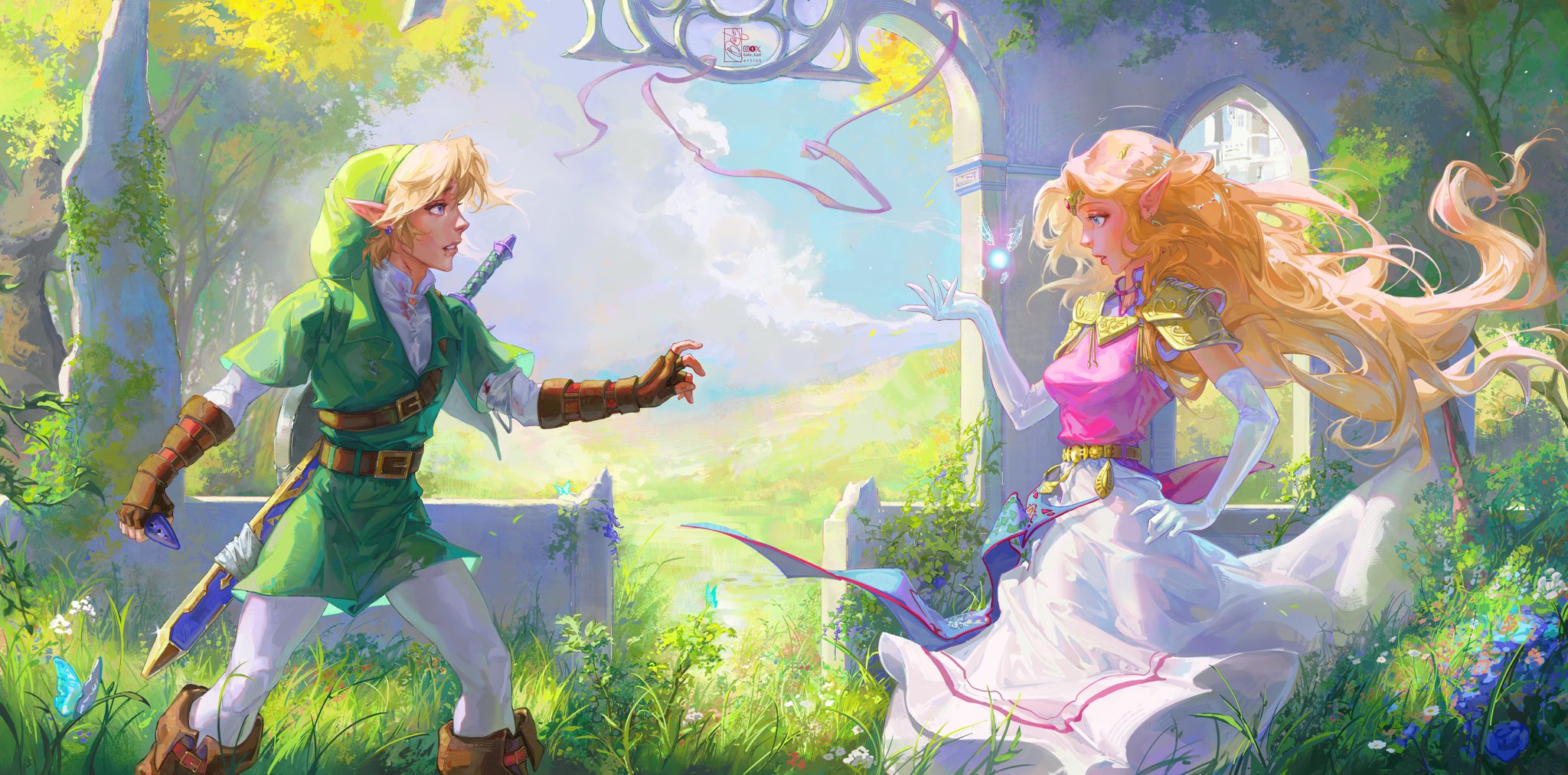 balo badartist, link, navi, princess zelda, nintendo, the legend of zelda, the legend of zelda: ocarina of time, commentary, english commentary, highres, 1boy, 1girl, belt, blonde hair, blood, blood on arm, blue butterfly, blue eyes, brown belt, brown gloves, bug, butterfly, day, dress, elbow gloves, elf, fingerless gloves, gloves, green hat, hand up, hat, holding ocarina, insect, instrument, long hair, looking at another, ocarina, outdoors, parted lips, pointy ears, scabbard, sheath, shirt, signature, sleeveless, sleeveless dress, very long hair, white gloves, white shirt