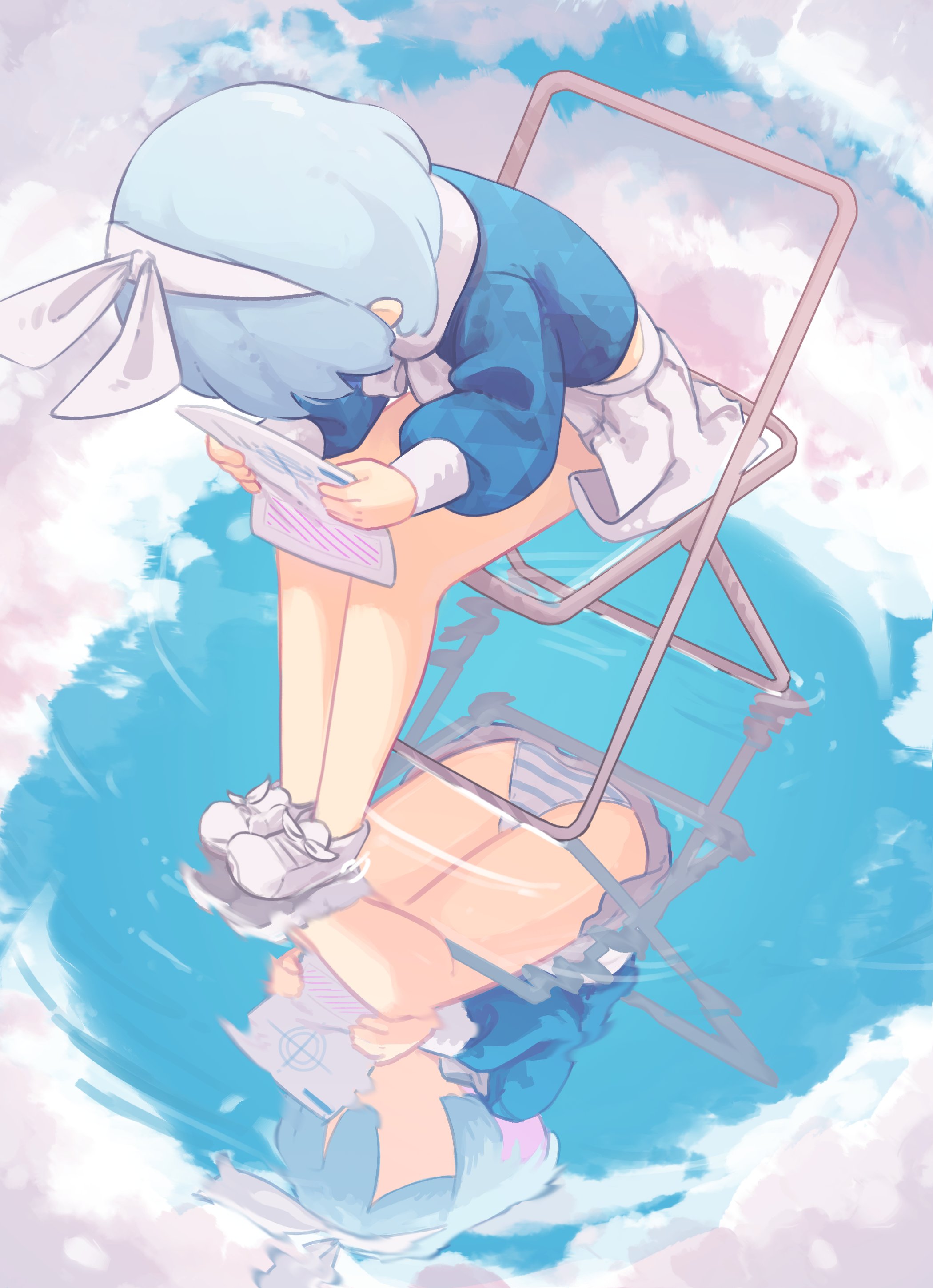 kanbaki, arona (blue archive), blue archive, absurdres, highres, 1girl, ass, blue hair, blue shirt, chair, looking down, panties, pleated skirt, reflection, ribbon, school uniform, serafuku, shirt, shoes, short hair, sitting, skirt, solo, striped clothes, striped panties, thighs, underwear, water, white ribbon, white shoes, white skirt