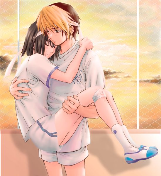 shindou hikaru, touya akira, hikaru no go, 00s, 2boys, alternate costume, bandana, carrying, closed eyes, gym uniform, headband, holding, male focus, multicolored hair, multiple boys, princess carry, shorts, sunset, two-tone hair