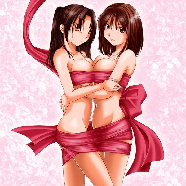 fujisaki akari, nase asumi, hikaru no go, 00s, 2girls, breast press, breasts, brown eyes, brown hair, censored, convenient censoring, groin, hug, multiple girls, naked ribbon, navel, nude, ribbon, short hair, simple background, smile, symmetrical docking, yuri