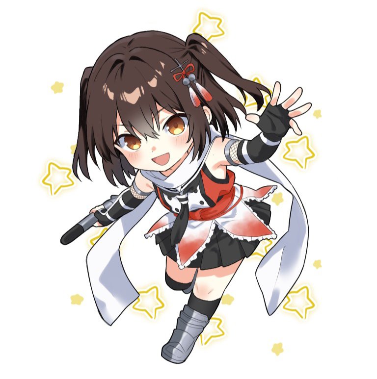 yuzuttan, sendai (kancolle), sendai kai ni (kancolle), kantai collection, 1girl, black gloves, black hair, black neckerchief, black skirt, black thighhighs, brown eyes, buttons, chibi, double-breasted, elbow gloves, fingerless gloves, frilled skirt, frills, full body, gloves, holding, holding torpedo, neckerchief, pleated skirt, red shirt, sailor collar, sailor shirt, scarf, shirt, skirt, sleeveless, sleeveless shirt, smile, solo, star (symbol), star symbol background, thighhighs, torpedo, two side up, white background, white sailor collar, white scarf