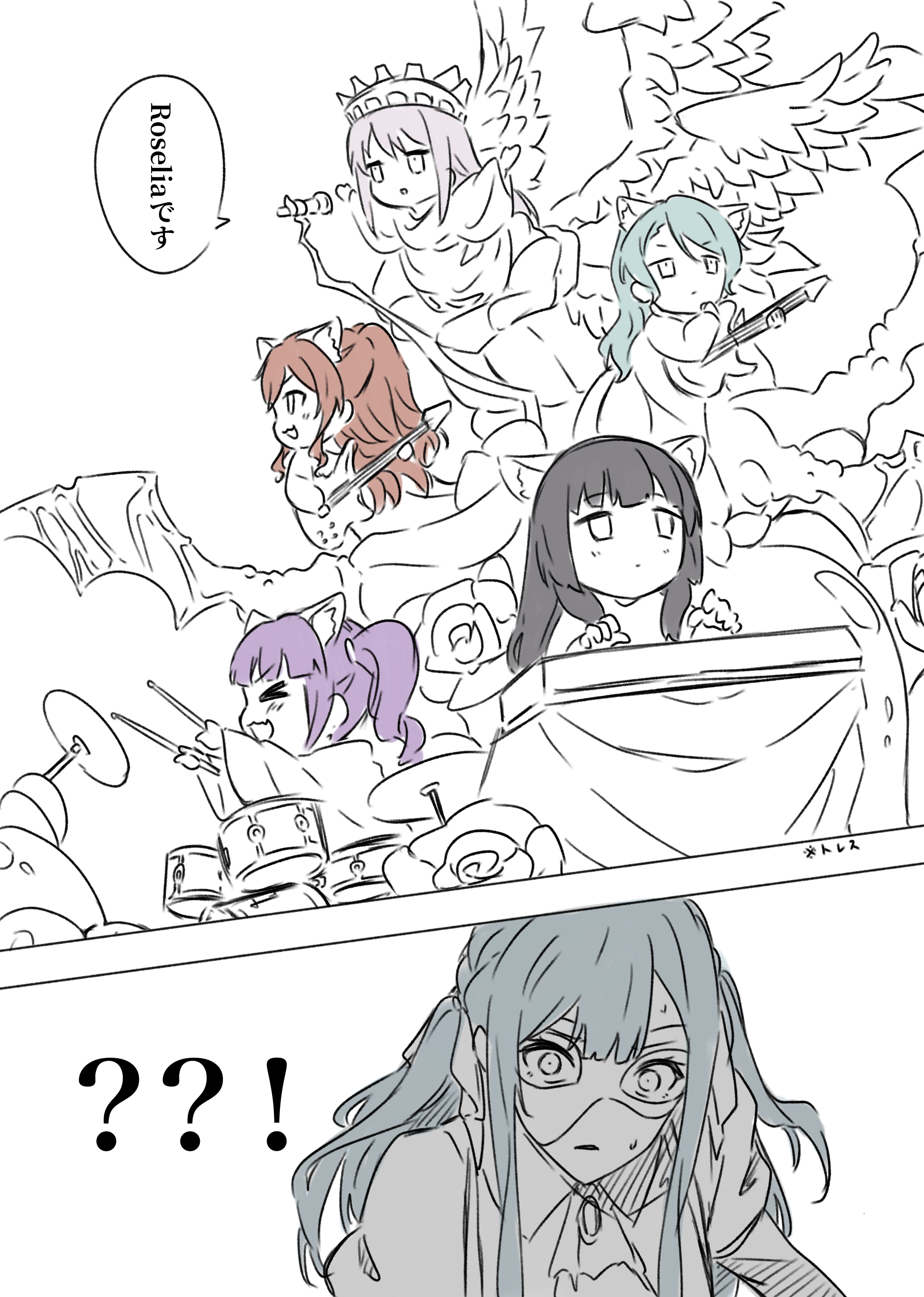 kanade (kanade 3344), hikawa sayo, imai lisa, minato yukina, oblivionis (bang dream!), roselia (bang dream!), shirokane rinko, togawa sakiko, udagawa ako, bang dream!, bang dream! it's mygo!!!!!, absurdres, commentary, highres, translated, 6+girls, :3, animal ears, aqua hair, black hair, brown hair, cat ears, cat girl, greyscale, half updo, kemonomimi mode, long hair, male focus, monochrome, multiple girls, purple hair, spot color, twintails, two side up