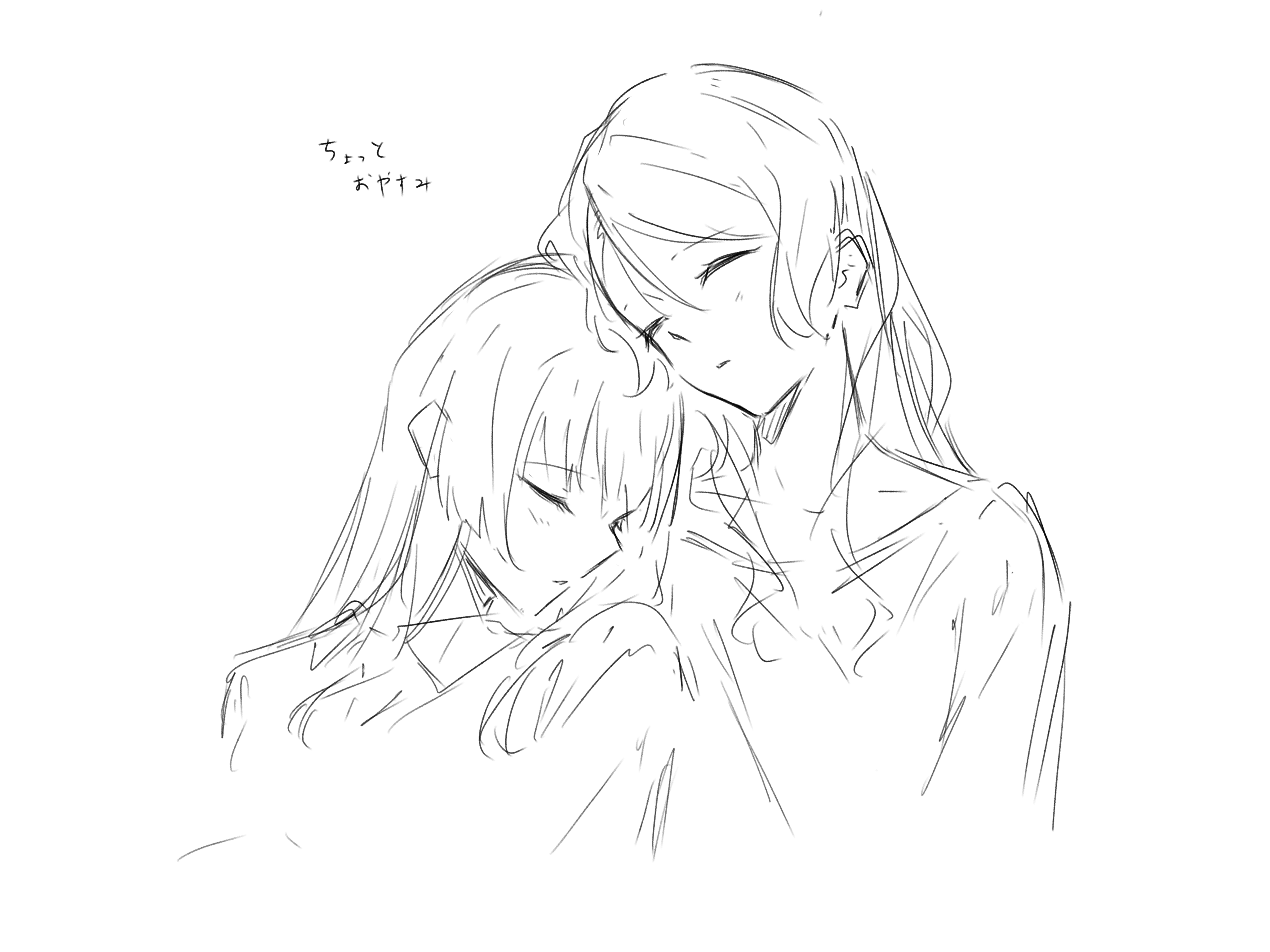 kanade (kanade 3344), hikawa sayo, shirokane rinko, bang dream!, absurdres, commentary, highres, translation request, 2girls, blush, closed eyes, greyscale, hair between eyes, long hair, monochrome, multiple girls, parted lips, simple background, sketch, sleeping, sleeping on person, white background