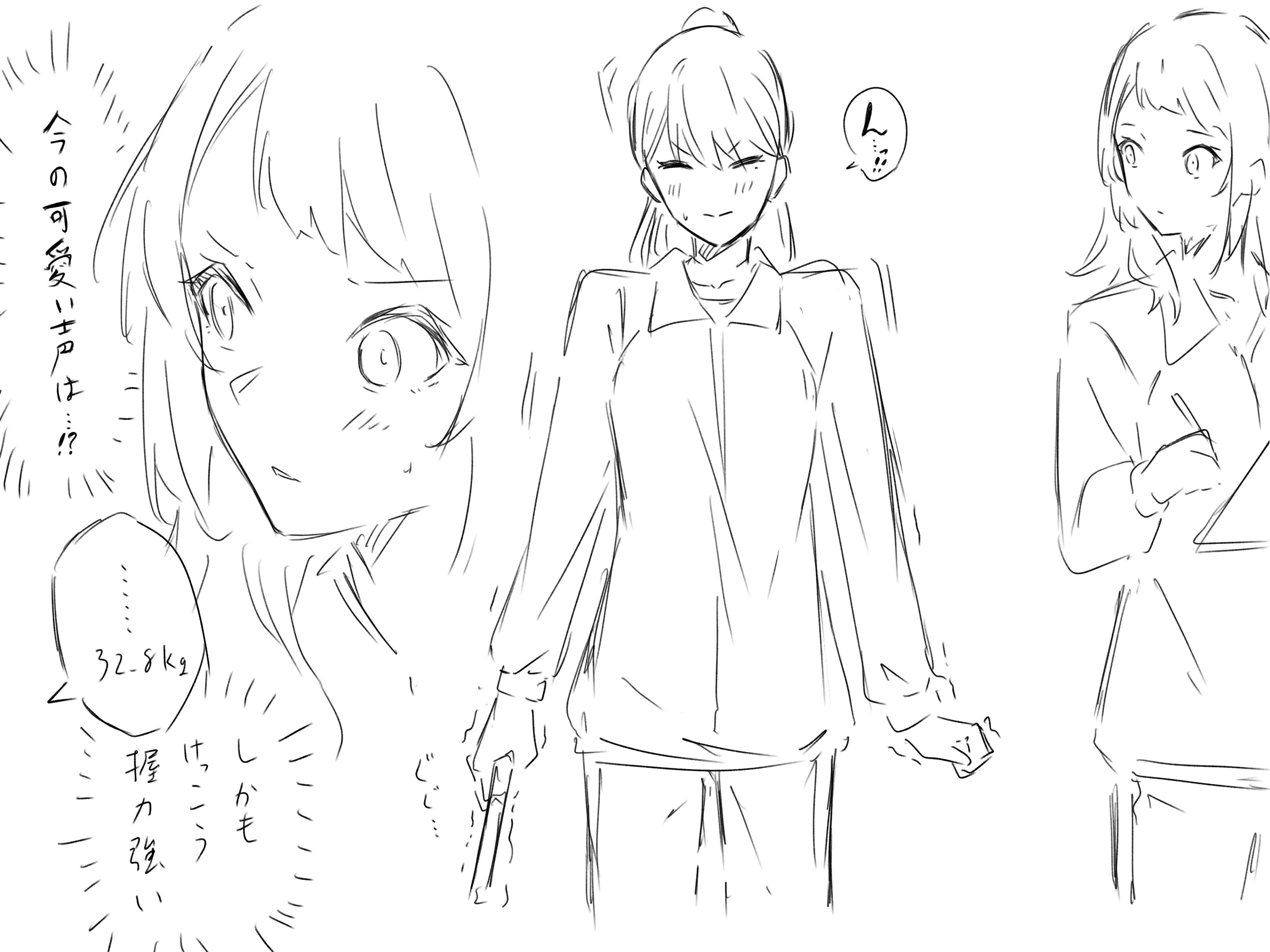 kanade (kanade 3344), shiina taki, yahata umiri, bang dream!, bang dream! it's mygo!!!!!, absurdres, commentary, highres, translation request, 2girls, dynamometer, grip trainer, holding, holding pen, jacket, long hair, medium hair, multiple girls, pen, ponytail, sketch