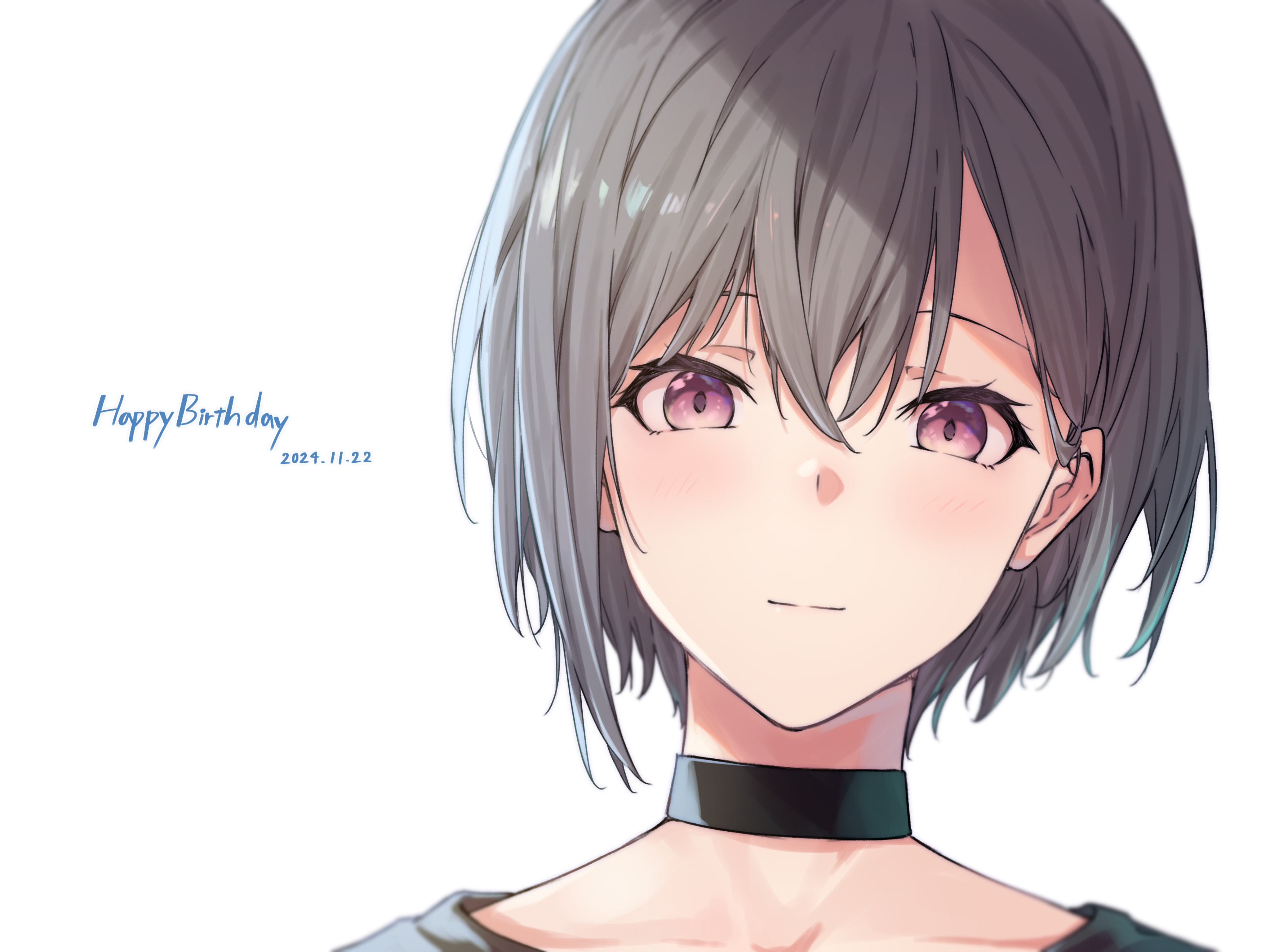 kanade (kanade 3344), takamatsu tomori, bang dream!, bang dream! it's mygo!!!!!, absurdres, commentary, highres, 1girl, black choker, choker, dated, grey hair, hair between eyes, happy birthday, portrait, purple eyes, shade, short hair, simple background, solo, white background